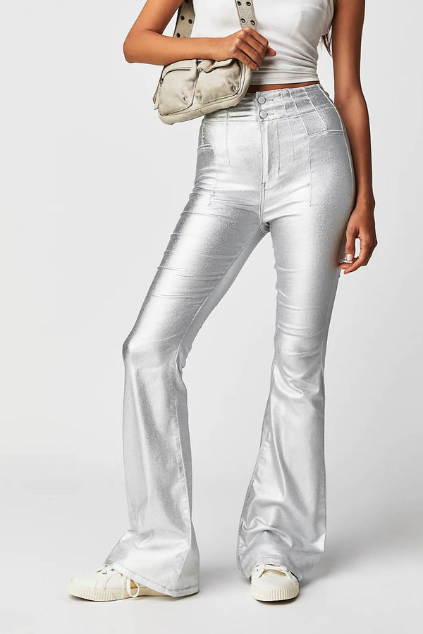 metallic silver flare jeans