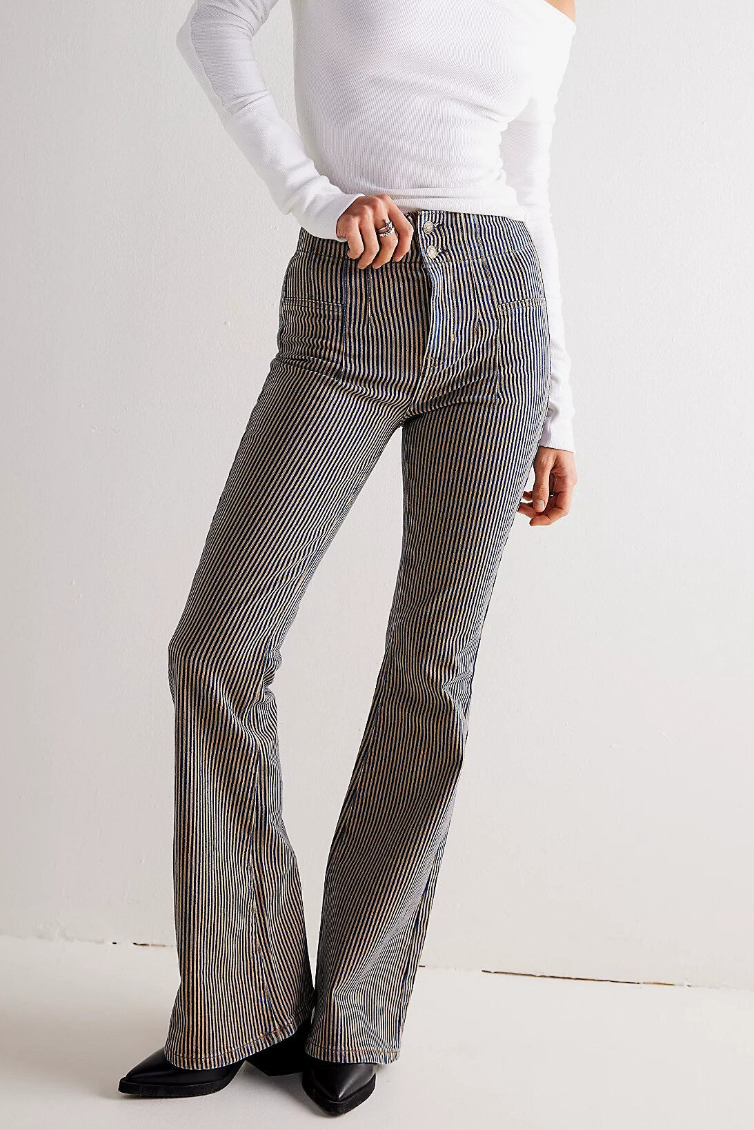 railroad stripe flare jeans