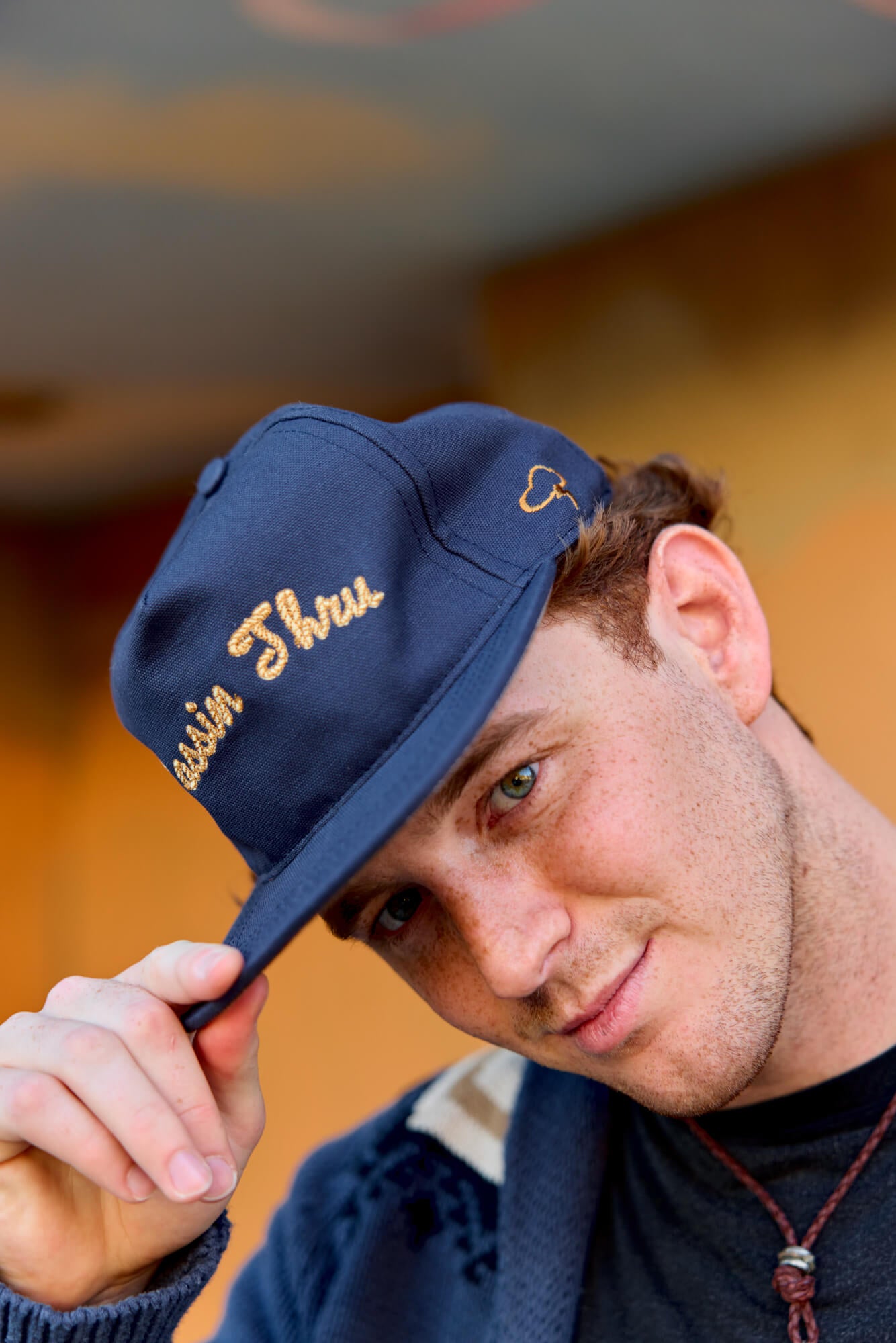 Mens embroidered strapback hat in navy