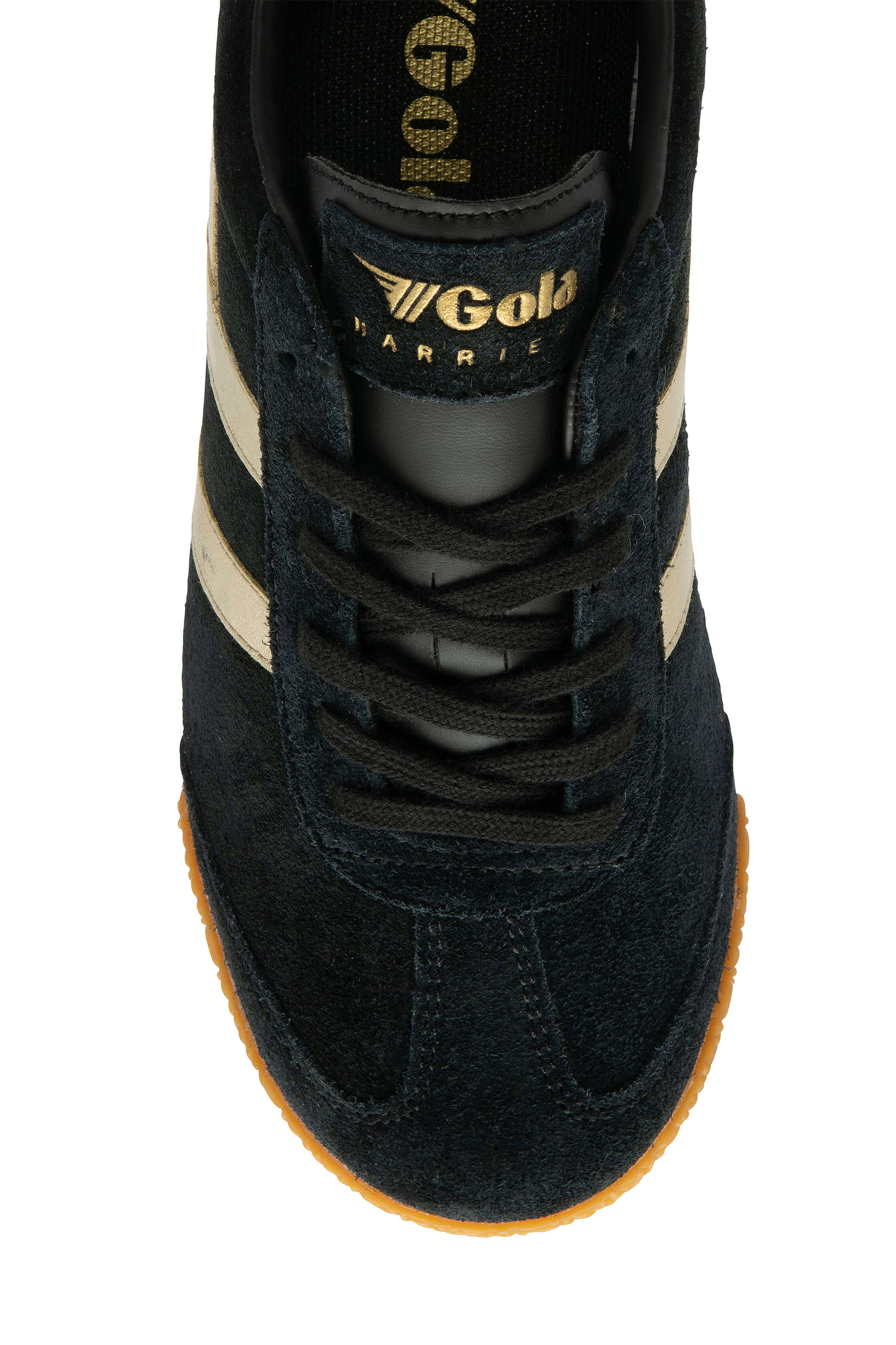 black suede sneakers with gold accents