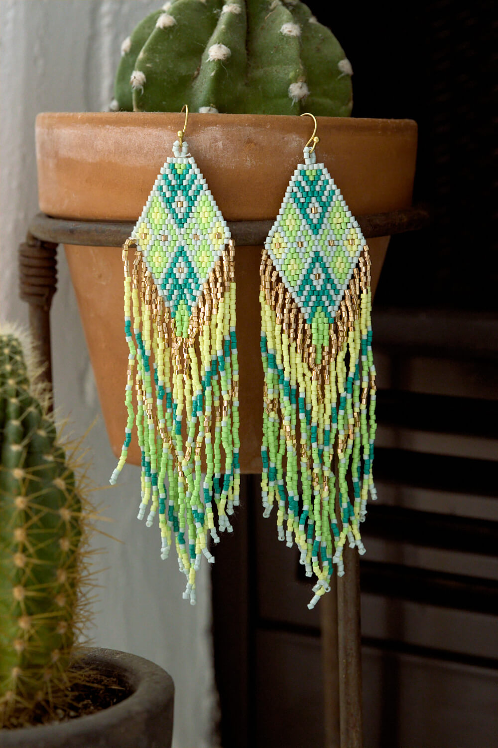 Women's green and blue beaded earrings
