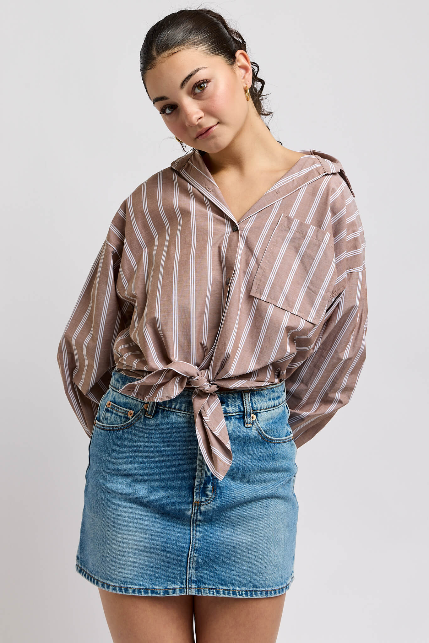 Womens white striped mocha long sleeve buttonup shirt