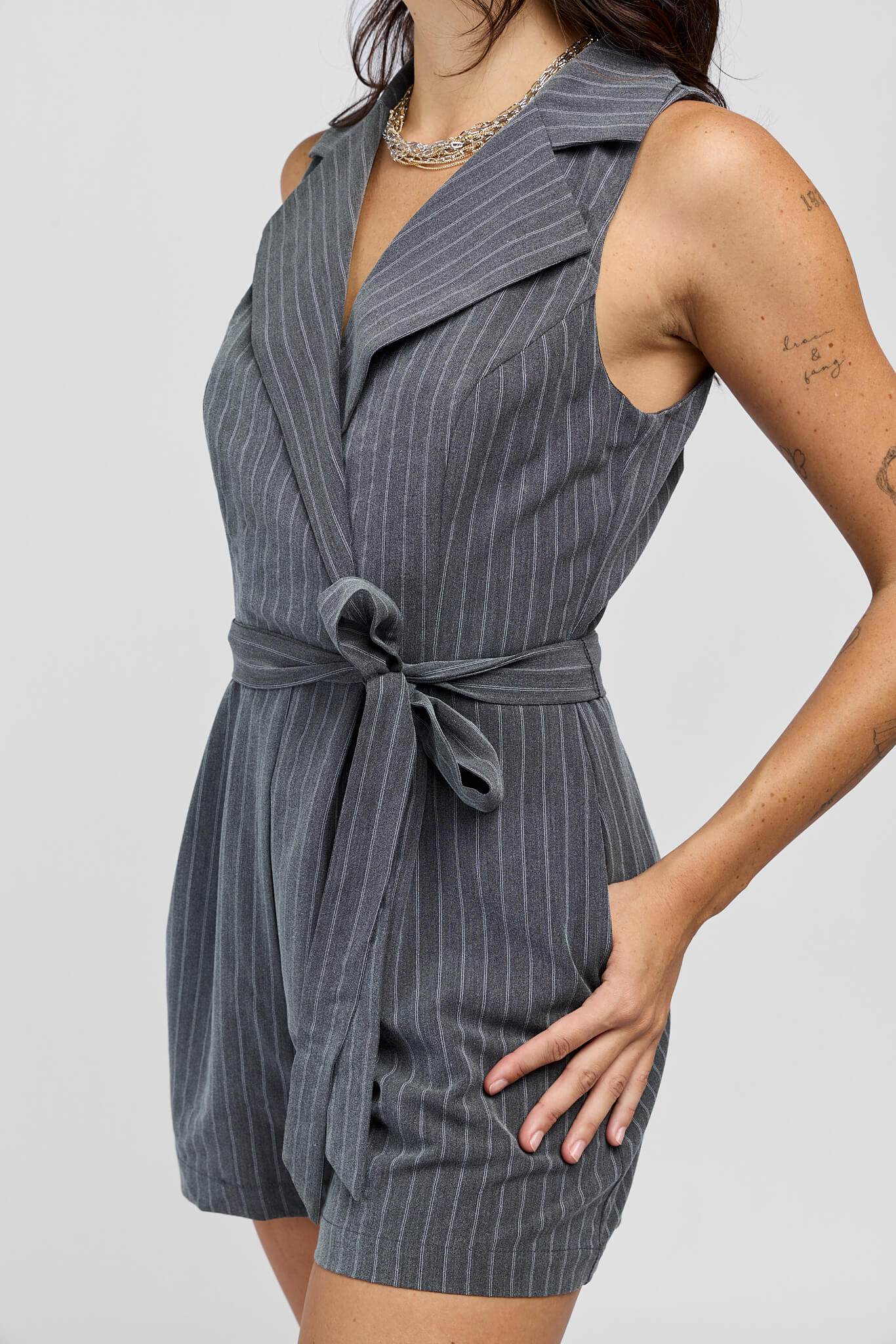 Womens romper with pockets and adjustable waist tie