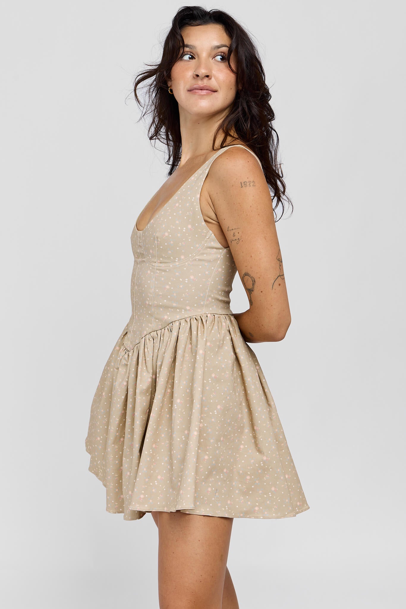 Womens beige dress with pink and white floral print and corset style bodice