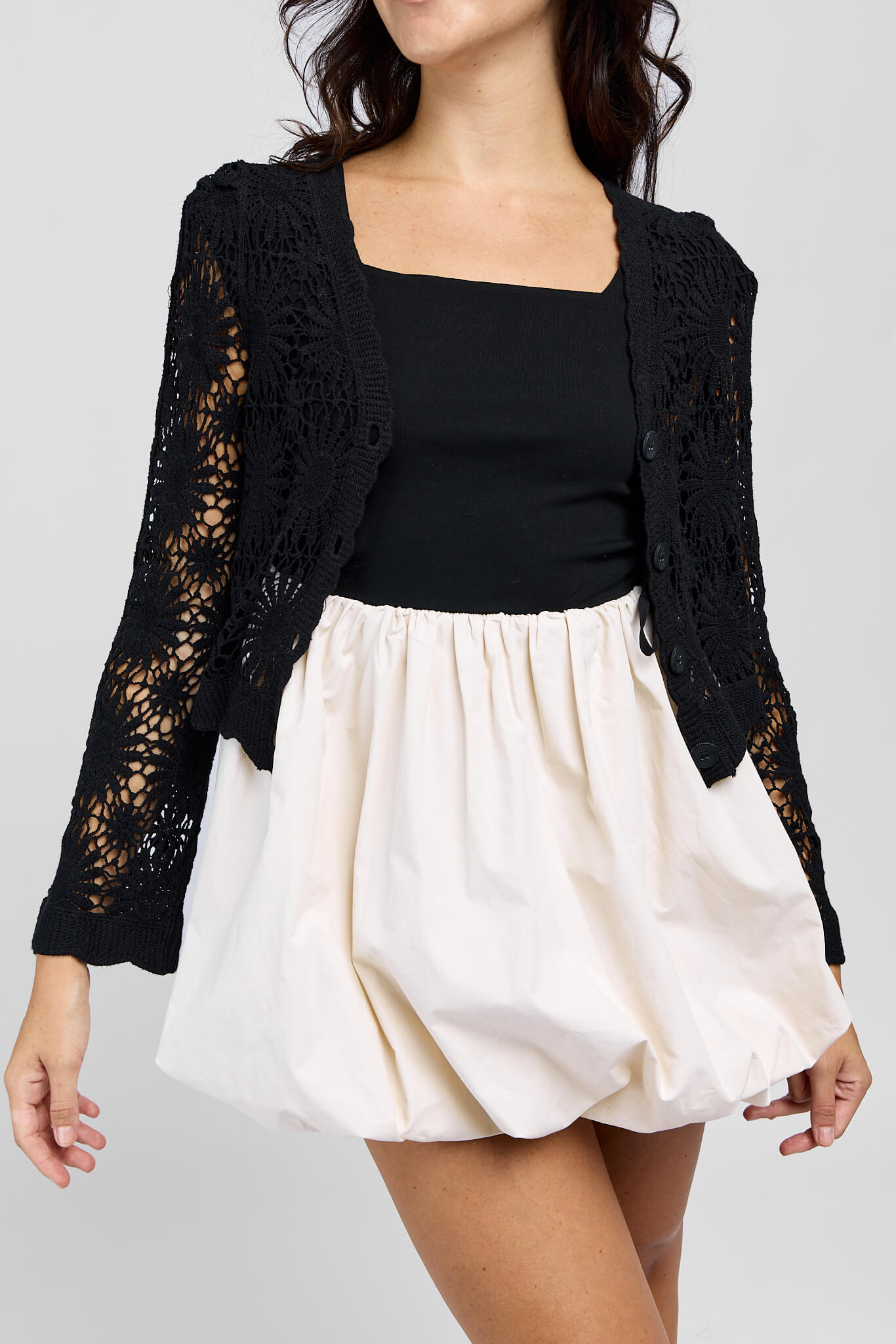 Womens black open knit cropped cardigan