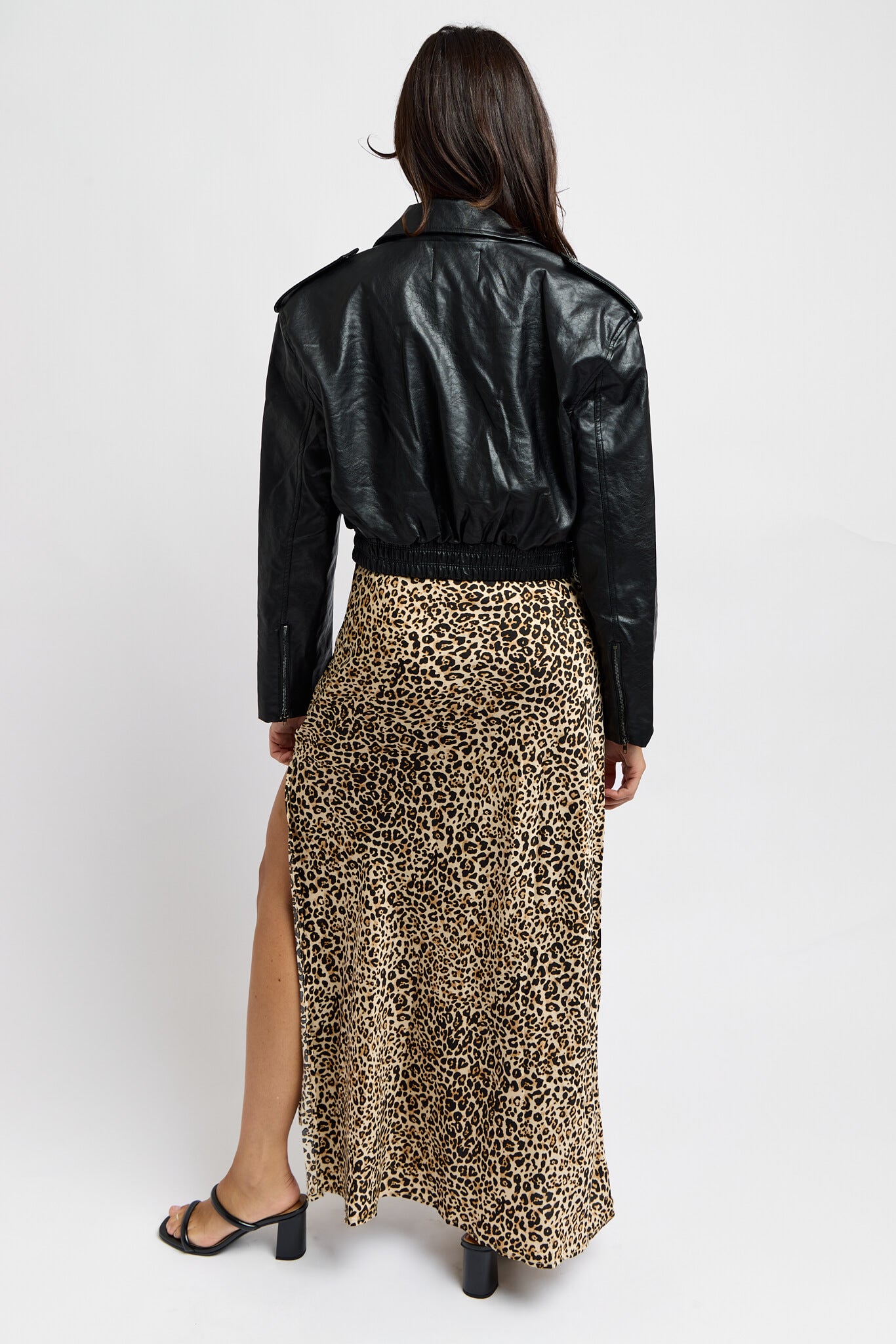 Womens cropped vegan leather jacket with zipper on cuffs
