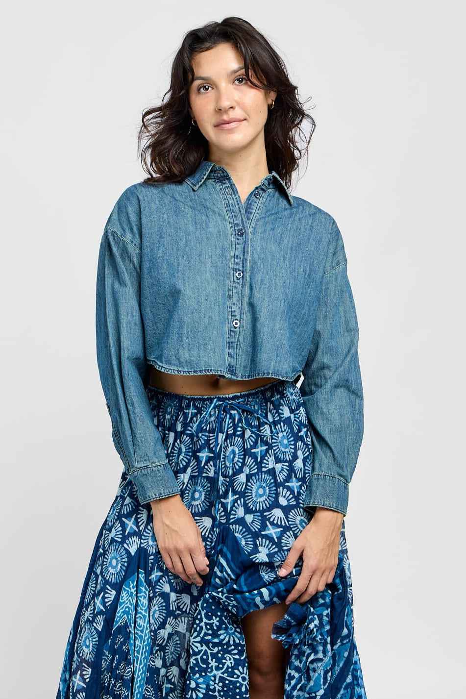 Going Places Crop Denim Buttonup