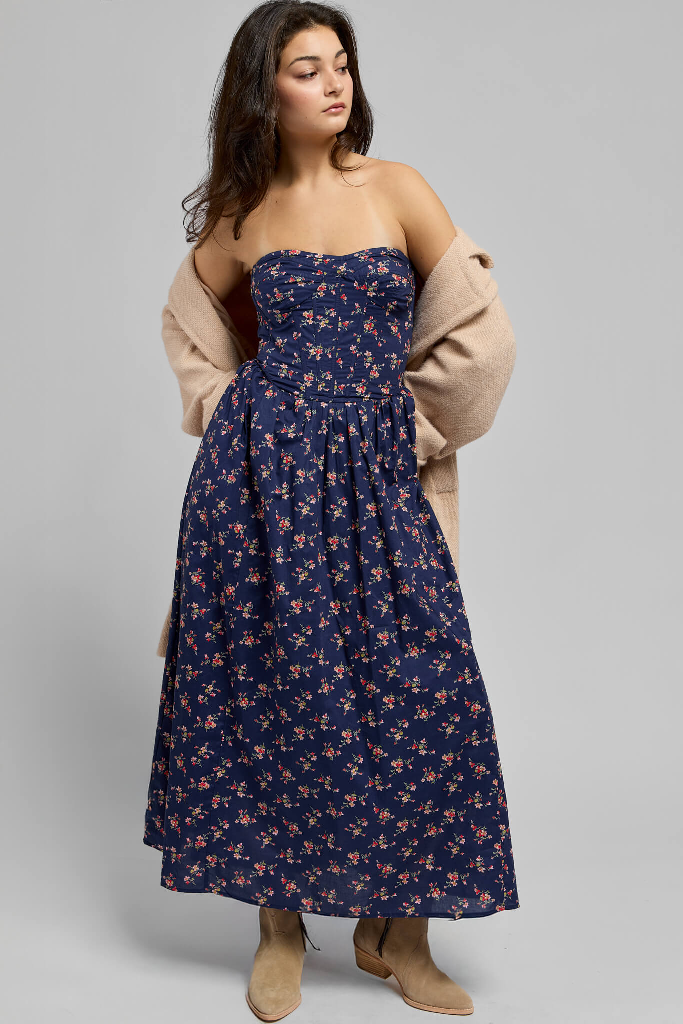 Womens strapless navy floral dress