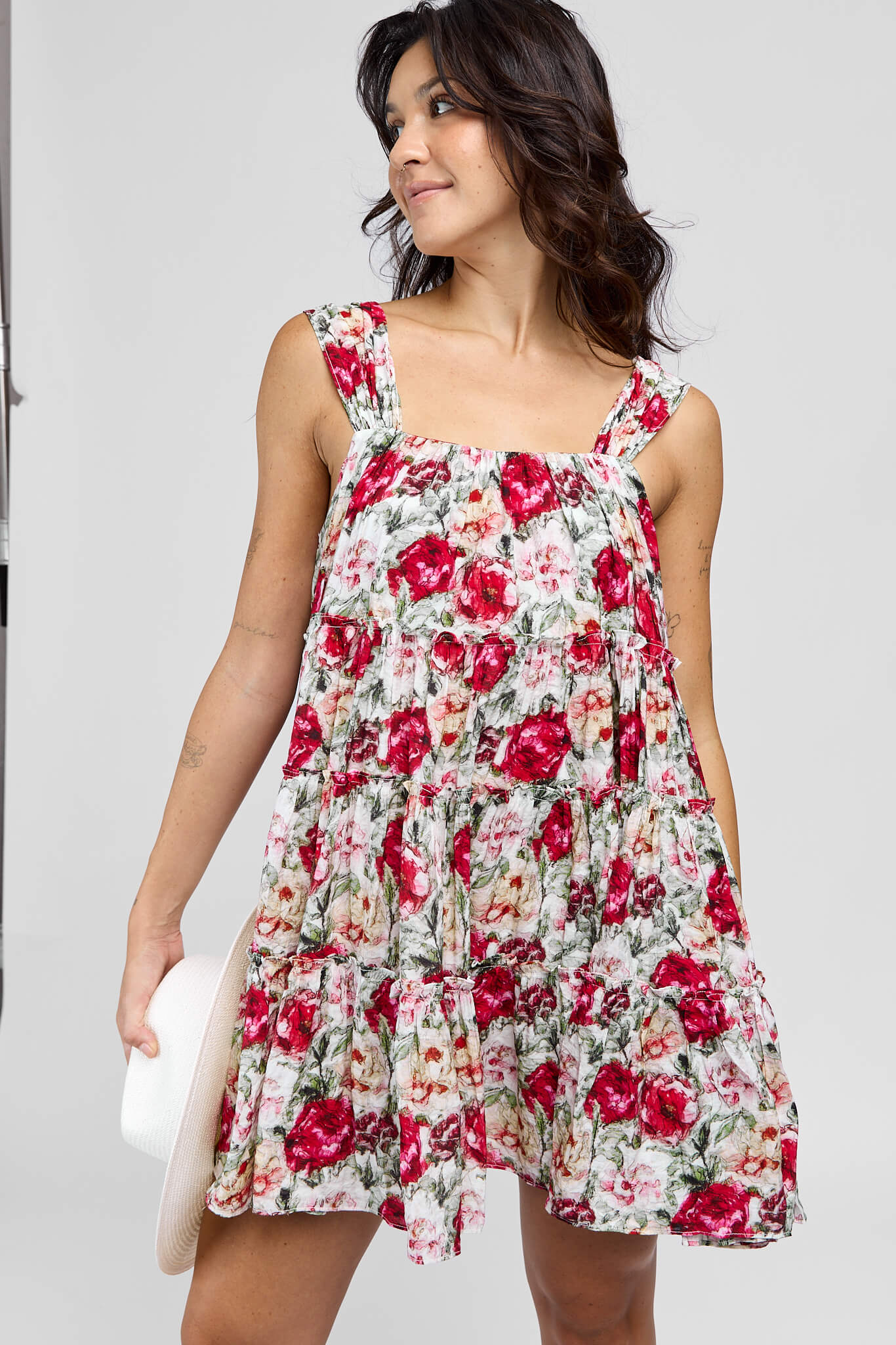 Womens wide strap tiered mini babydoll dress