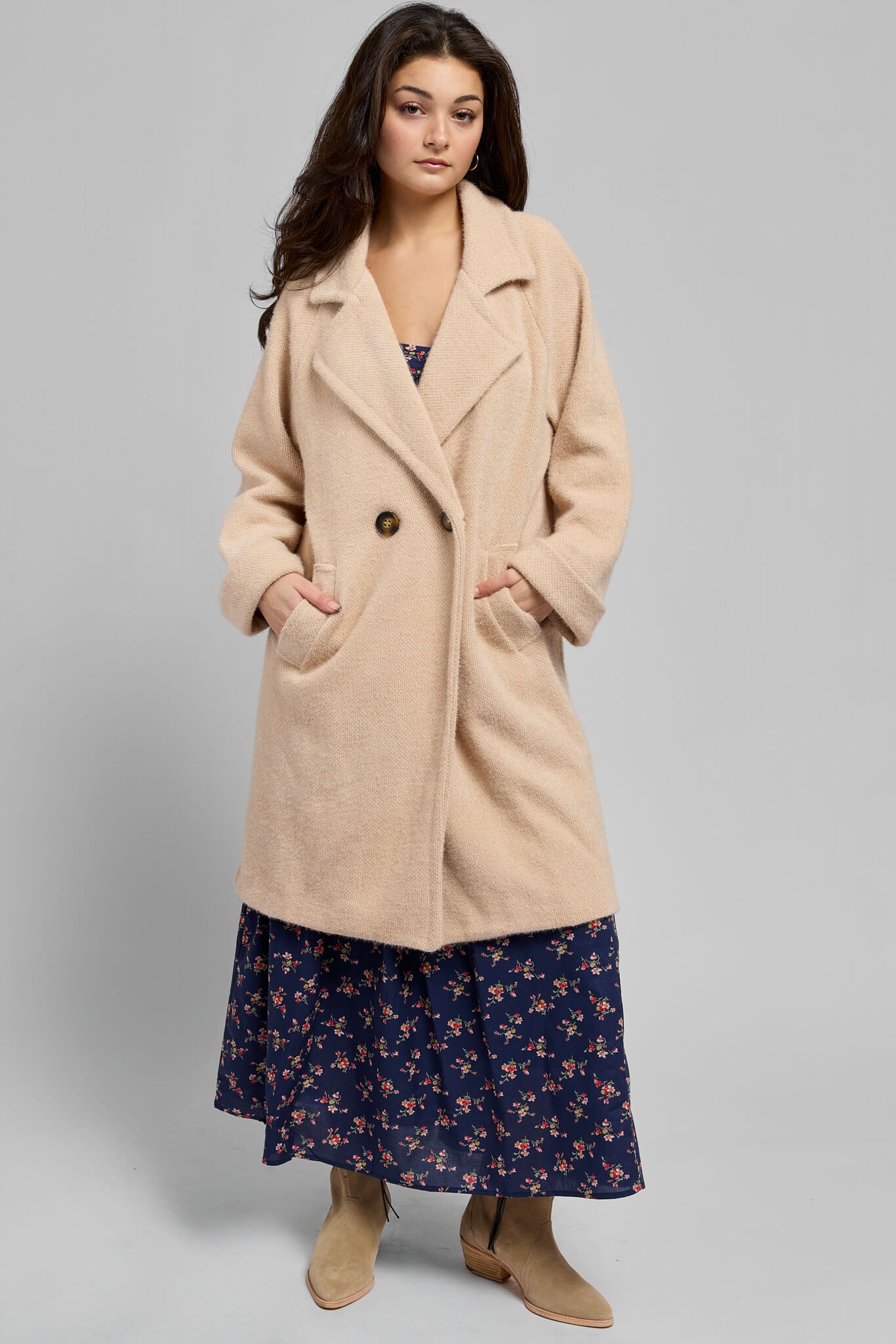 Womens blush colored trench with front pockets