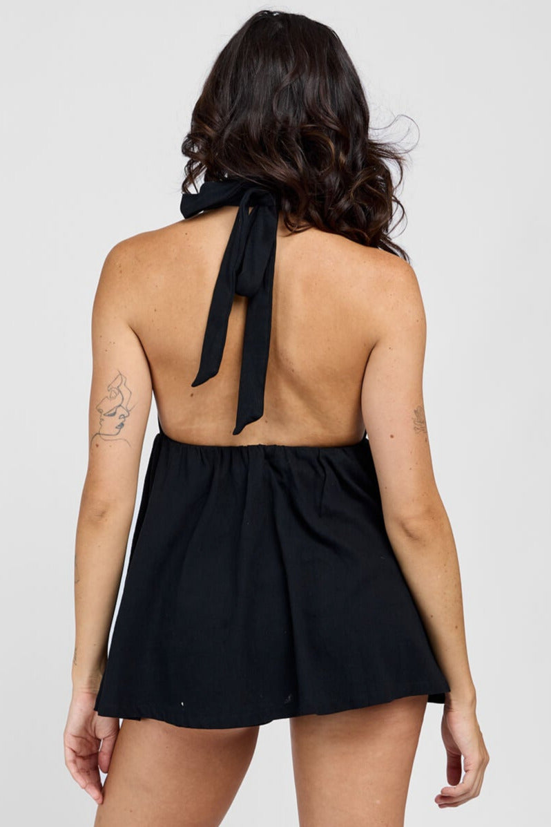 Womens black open back halter romper