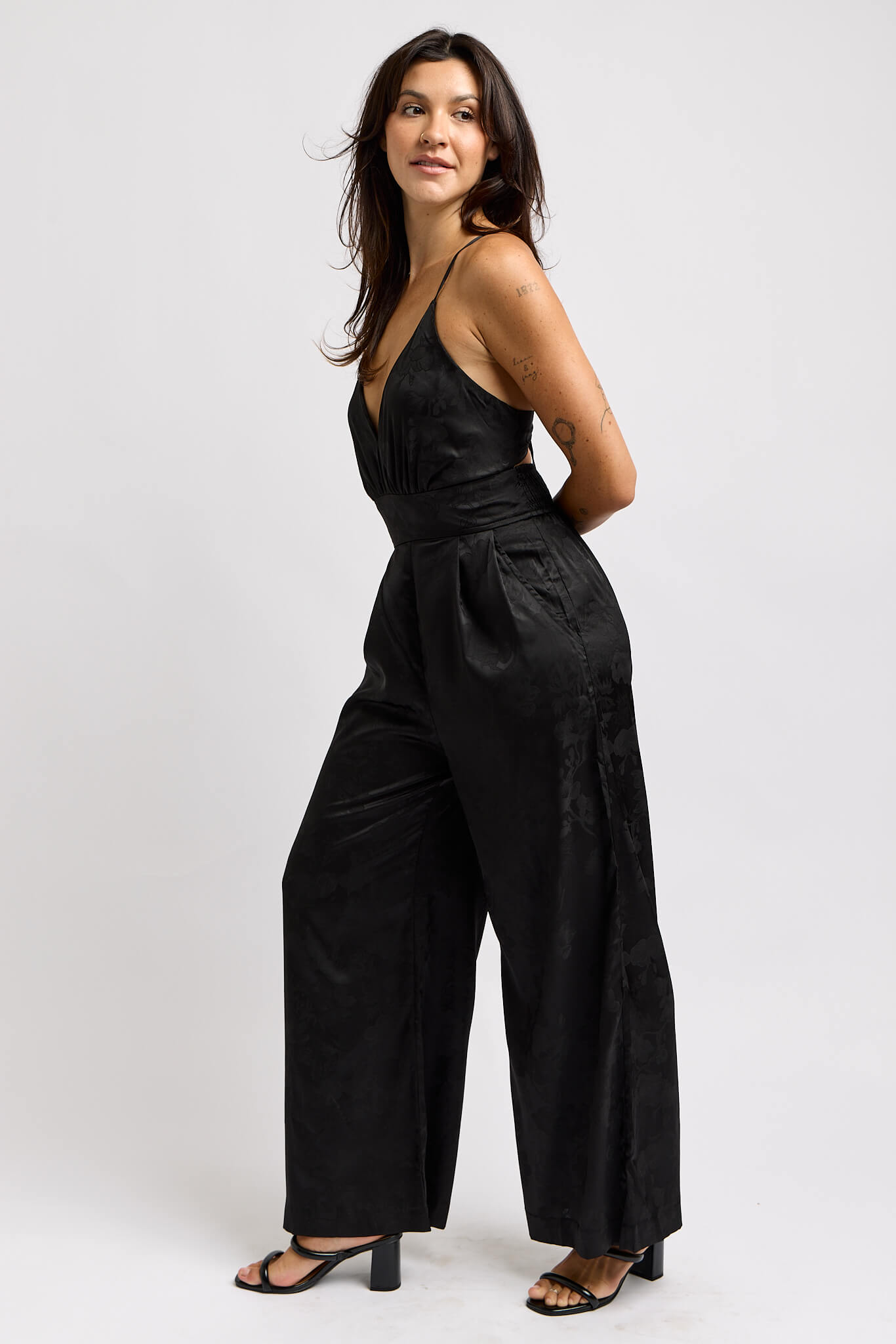 Womens deep v neck jumpsuit with wide leg pant