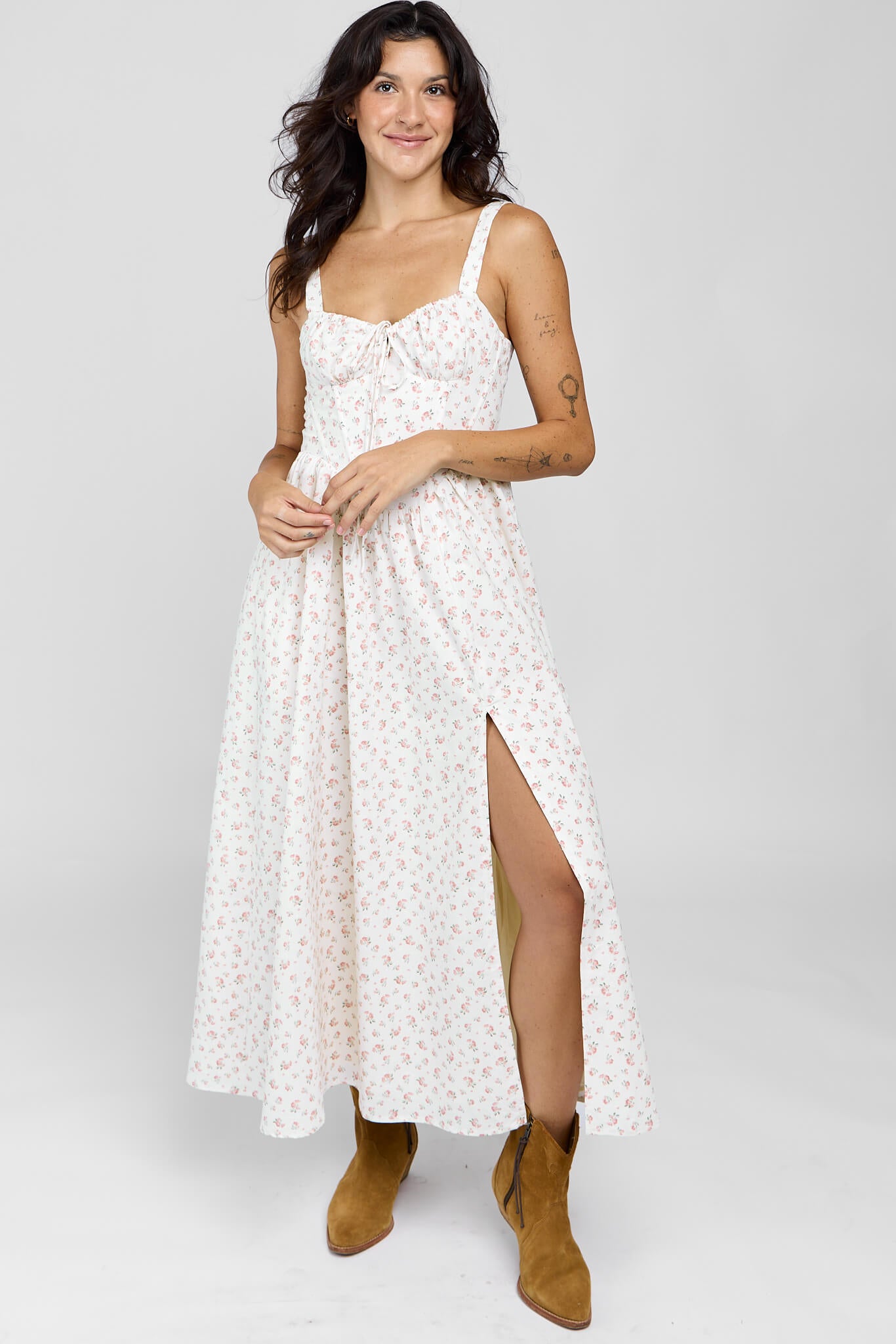 Womens dainty floral cottage core style dress with dainty floral print and side leg slit