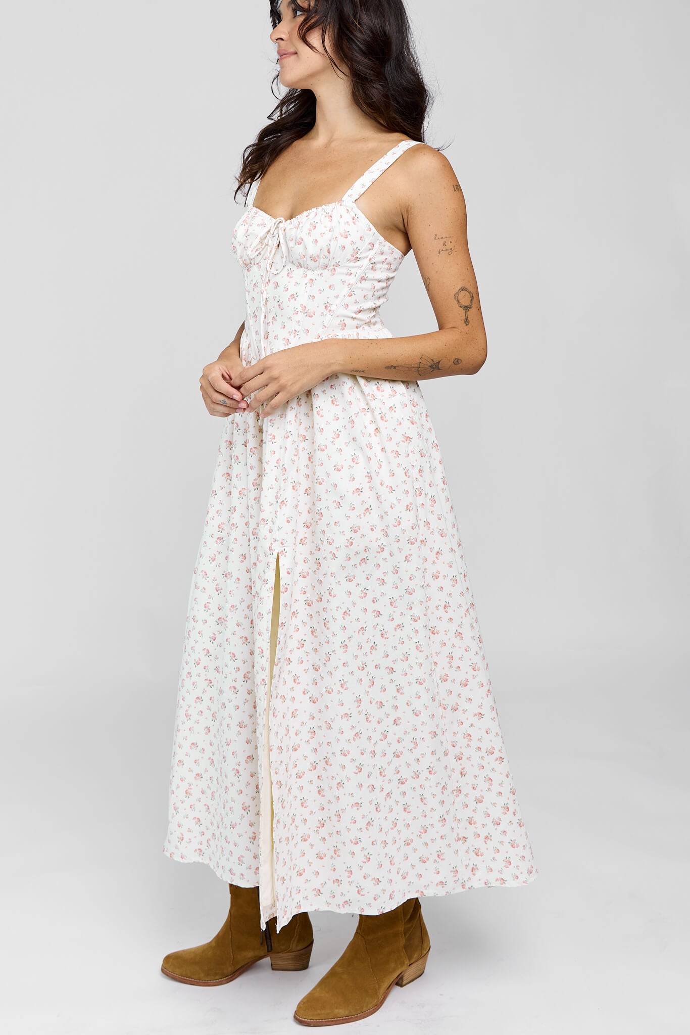 Womens feminine maxi dress with slip and front leg slit