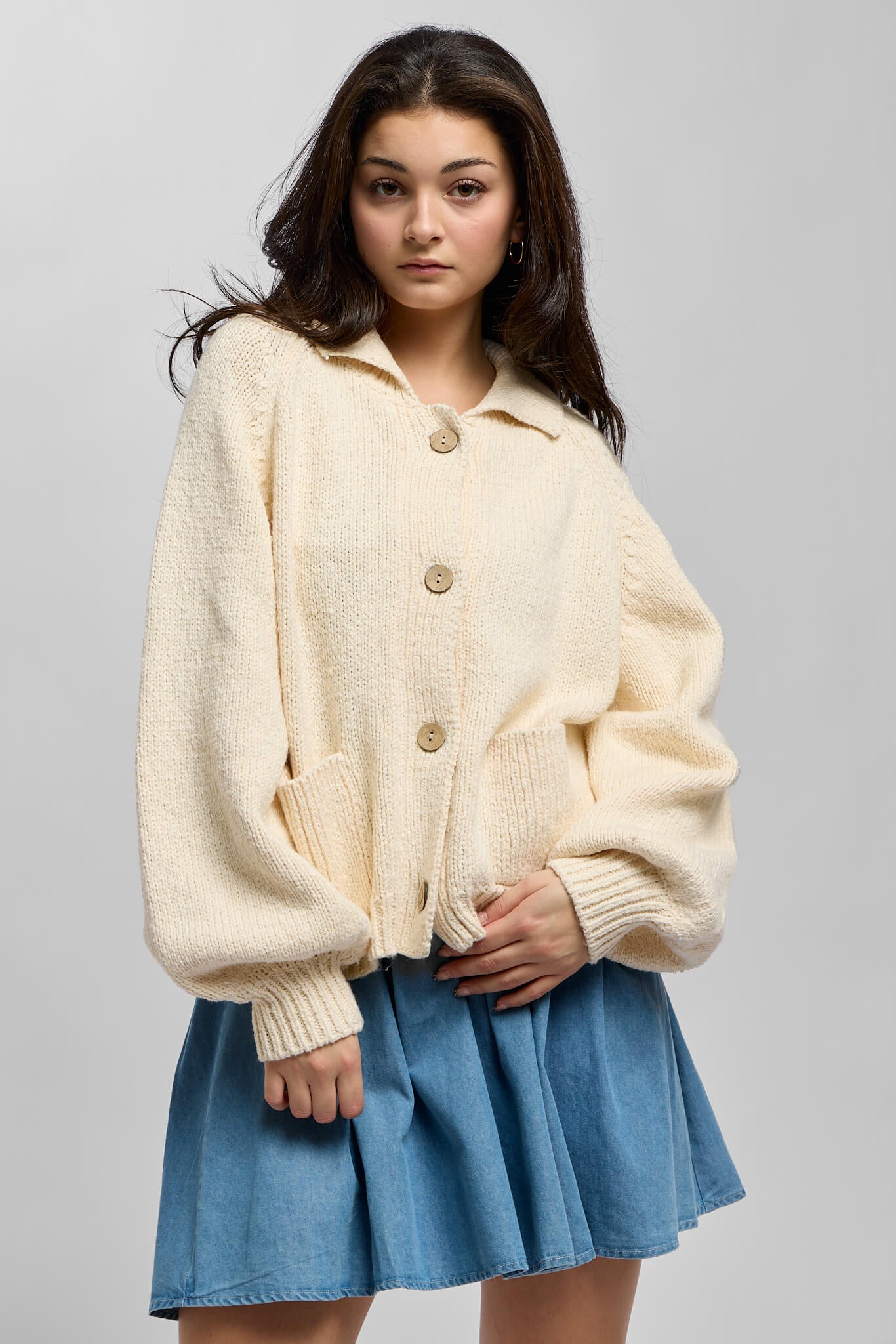 Womens collared buttonup cardigan with two front pockets