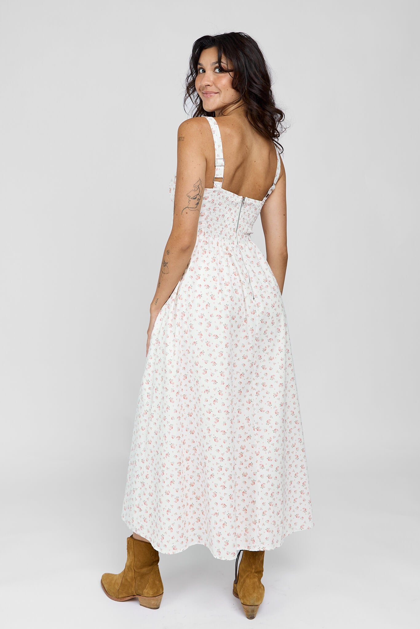 Womens floral print maxi dress with back zipper closure and adjustable thick straps