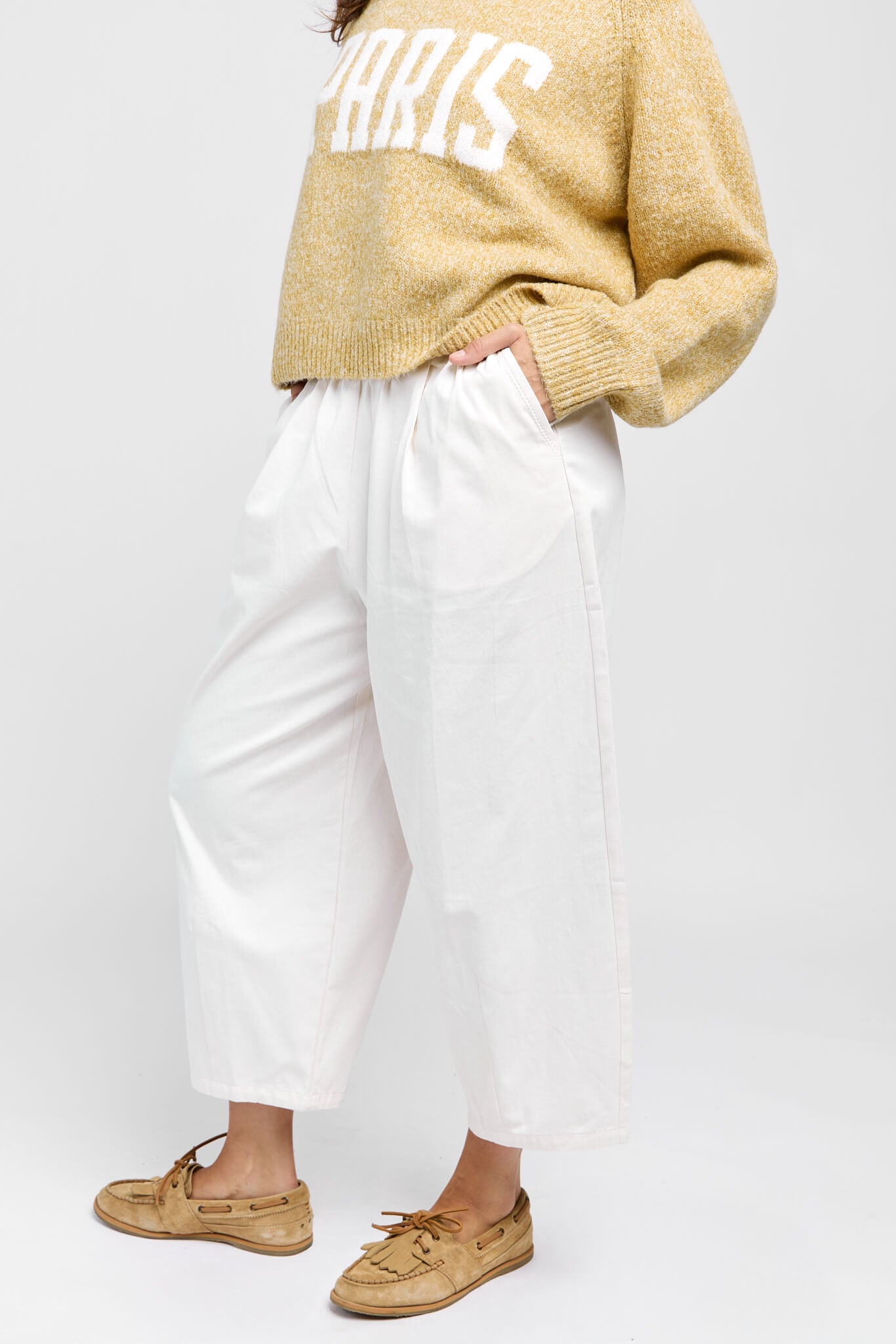 Womens white cotton trouser pants with front pockets