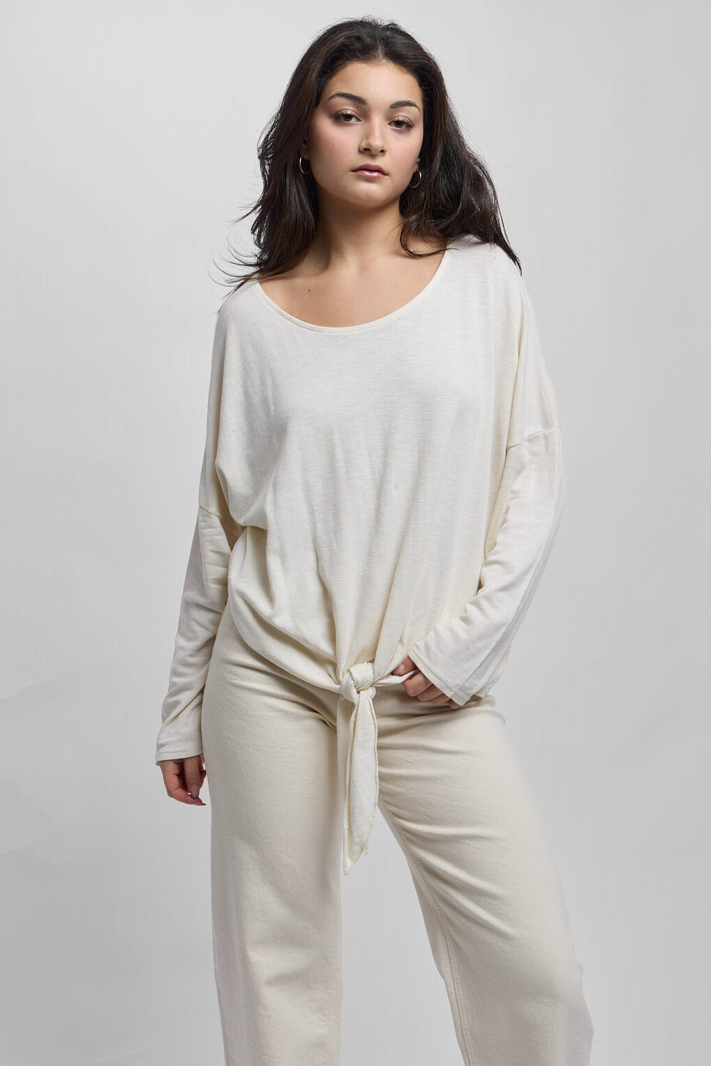 Womens ivory long sleeve tie front cotton long sleeve top made in italy