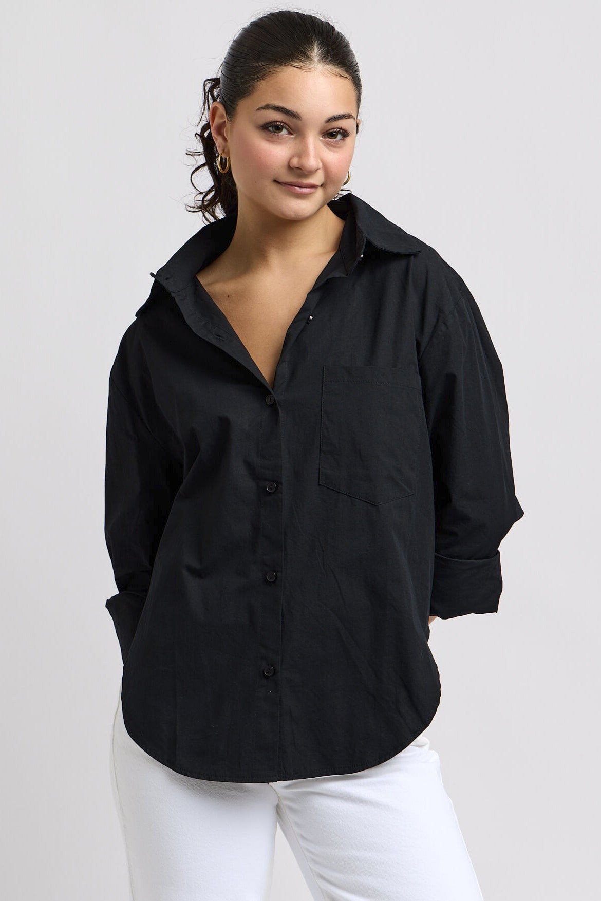 Womens black buttonup top with cuffed sleeves