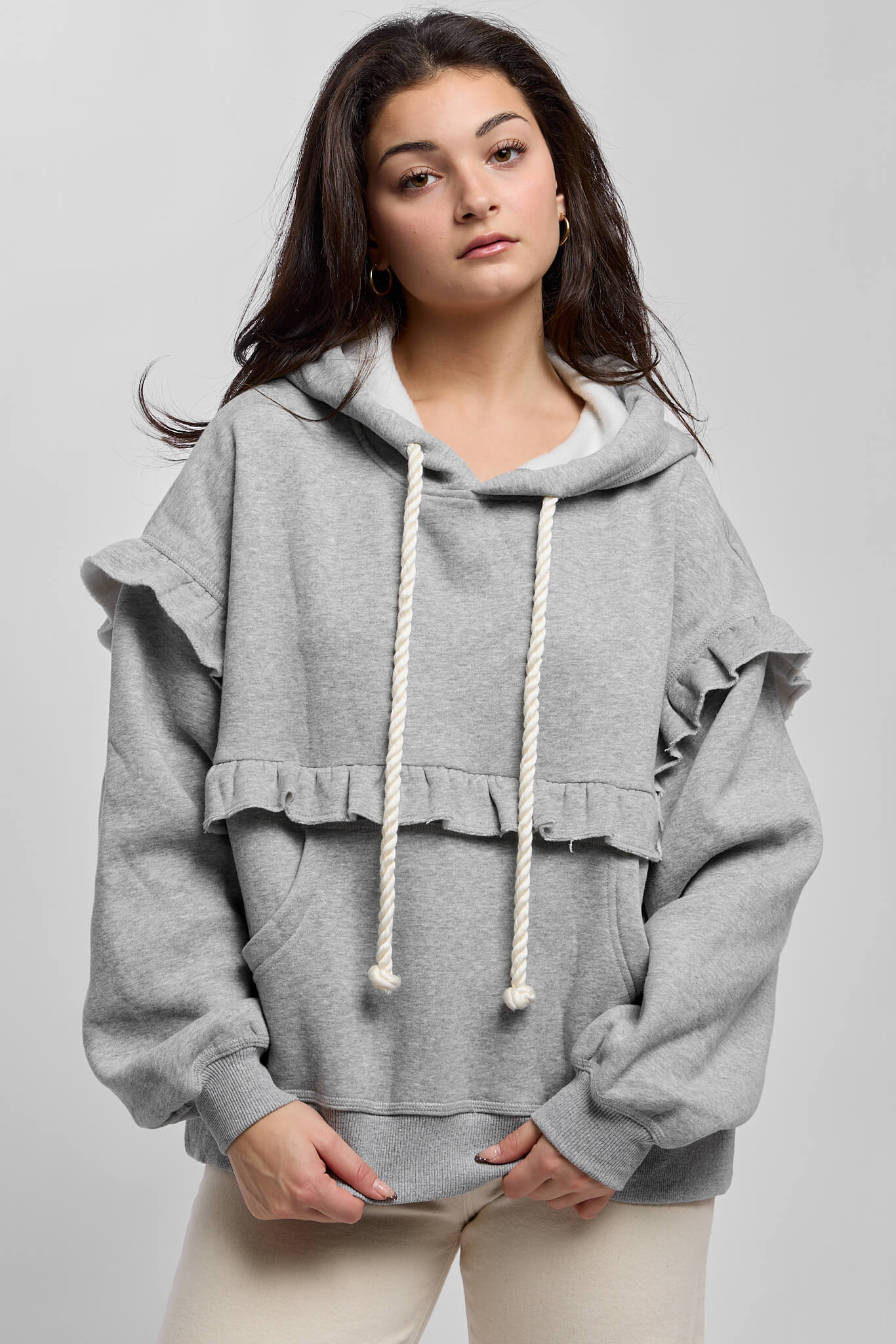 Womens gray sweatshirt with a rope drawstring
