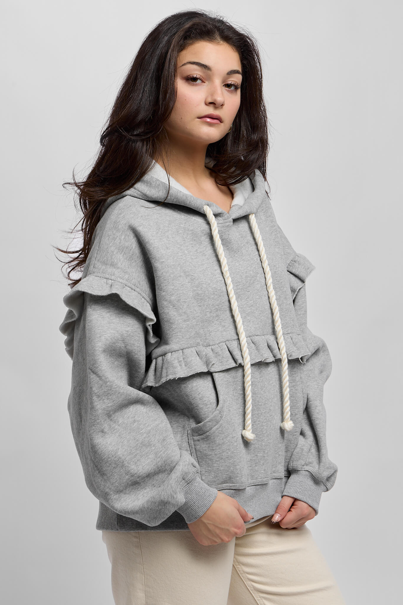 Womens ruffled gray sweater with soft fleece inside