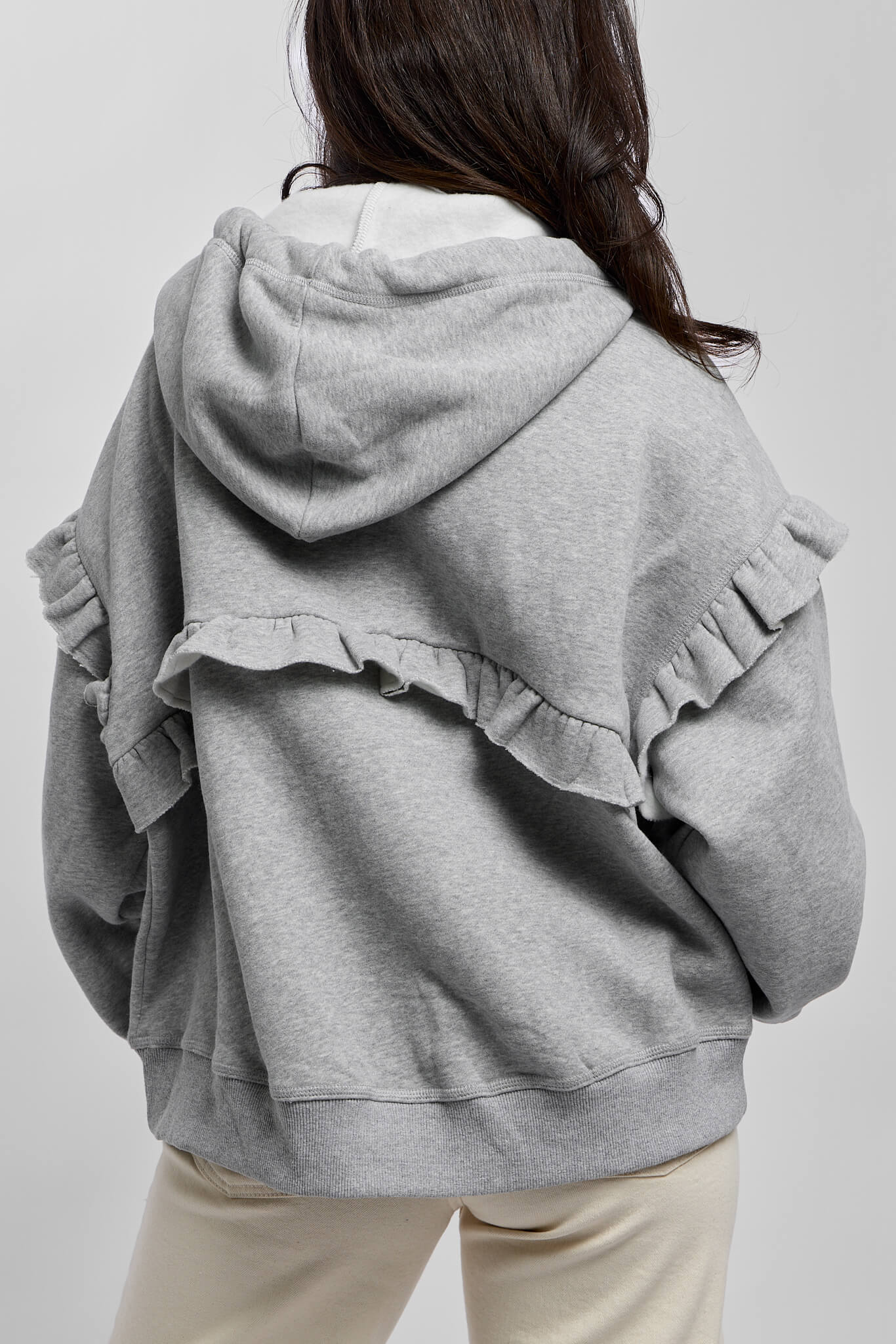 Womens tiered ruffle gray sweatshirt with a hood
