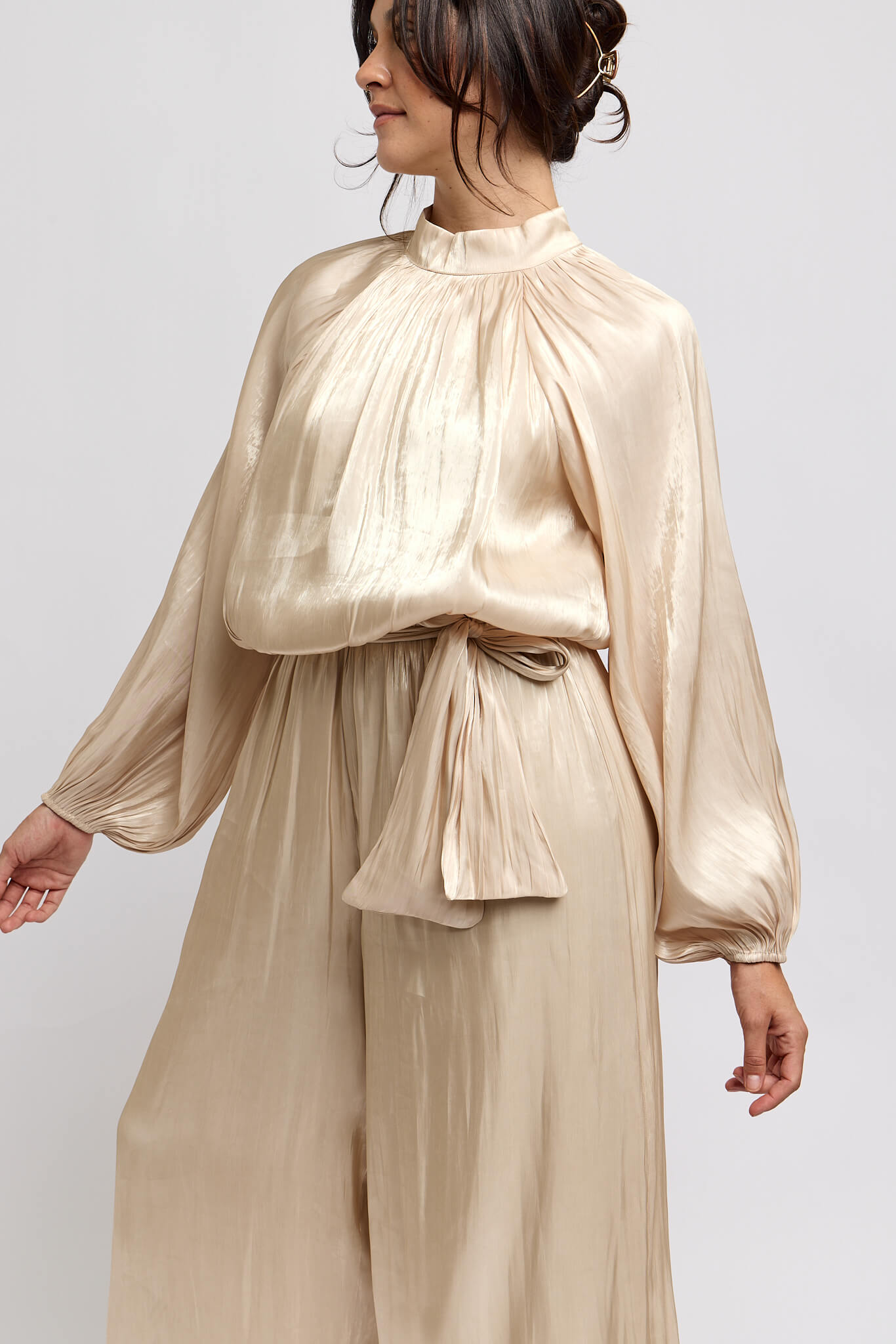 Womens champagne high neck jumpsuit with balloon sleeves