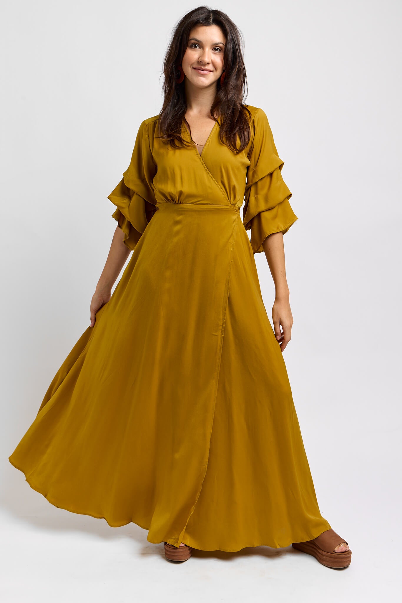 Womens wrap gold maxi dress