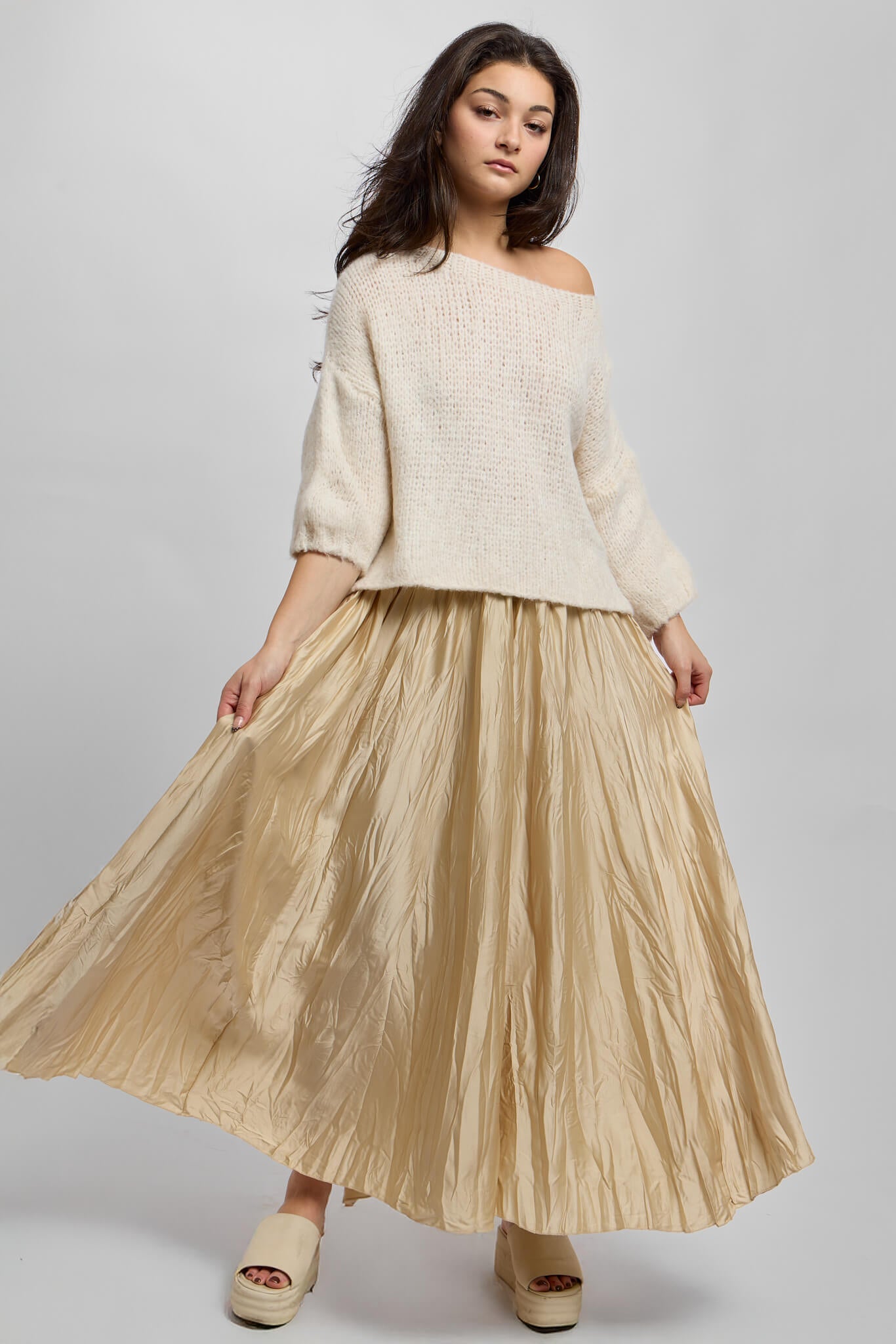 Womens flowy gold midi skirt with high waist