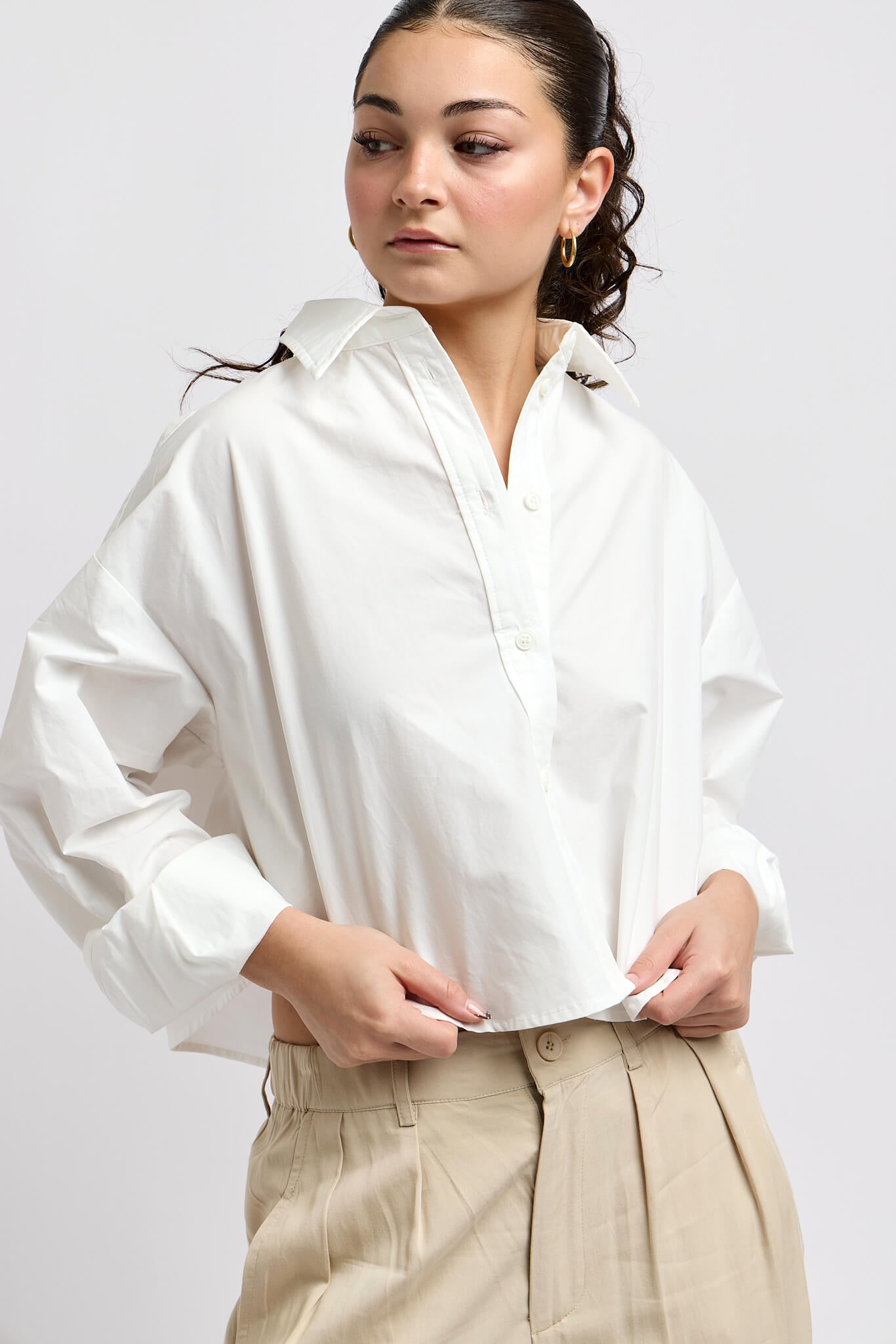 Womens white cropped buttonup with cuffed sleeves