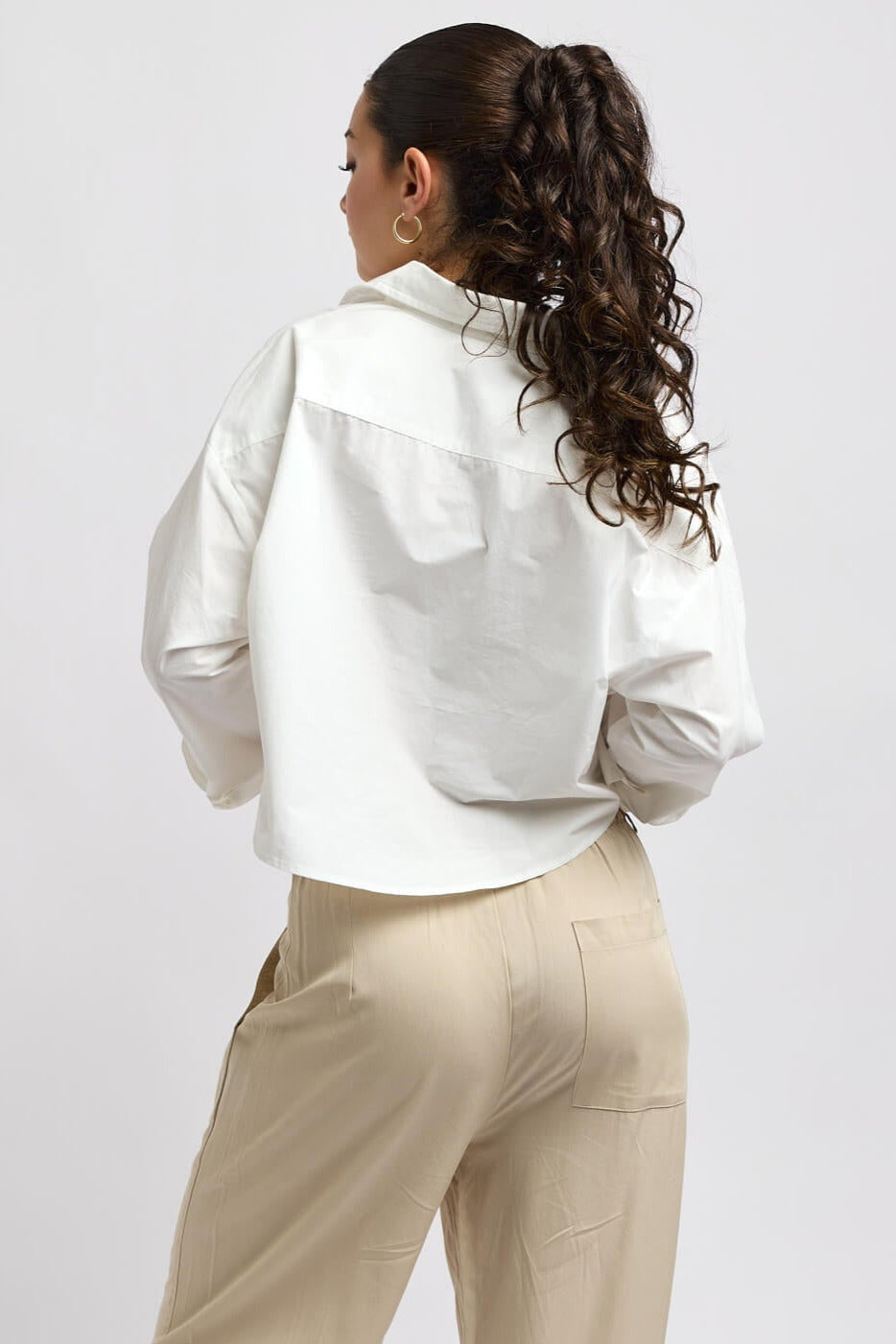 Womens crisp white cropped buttonup with collard neckline