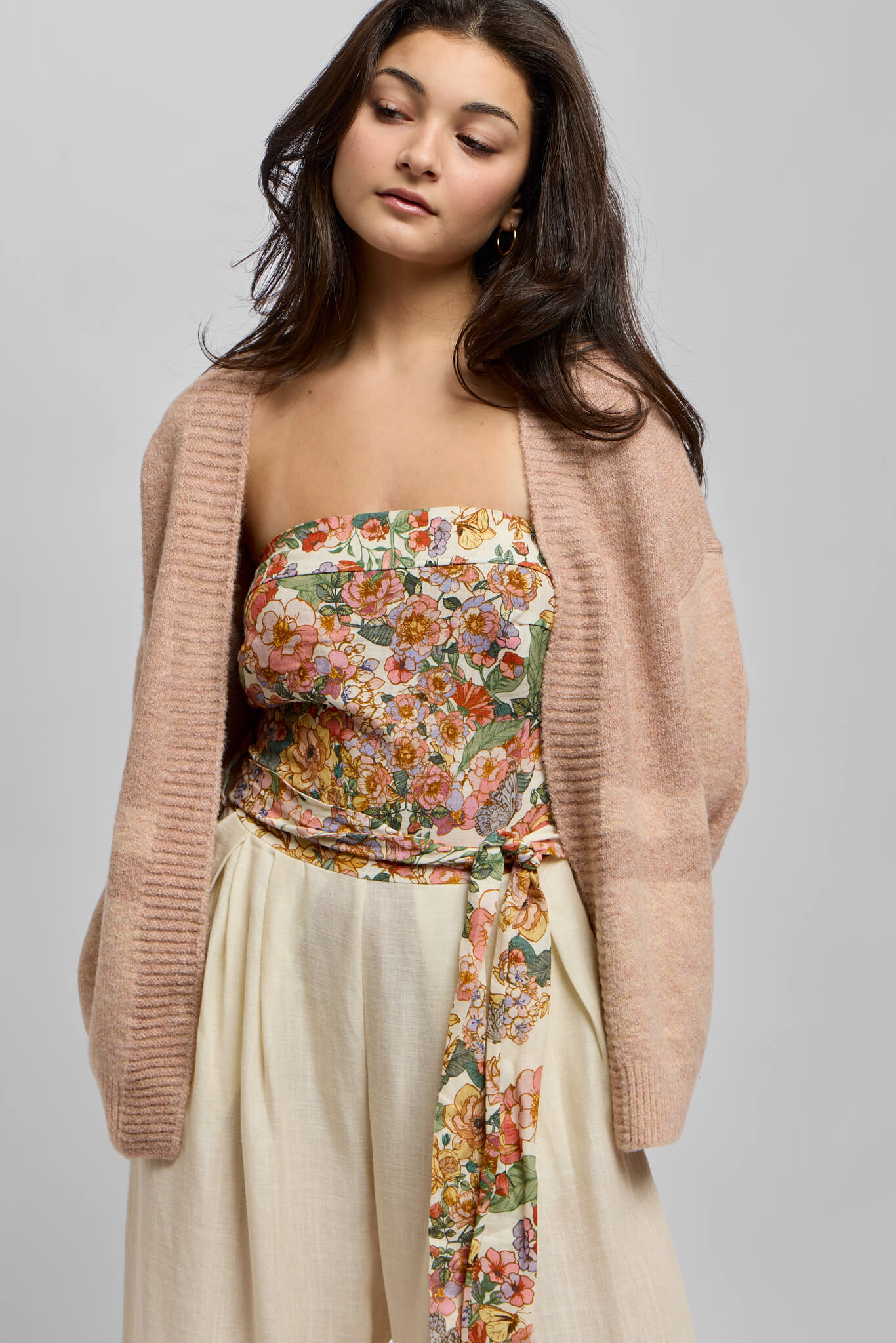 Womens floral cream linen blend jumpsuit