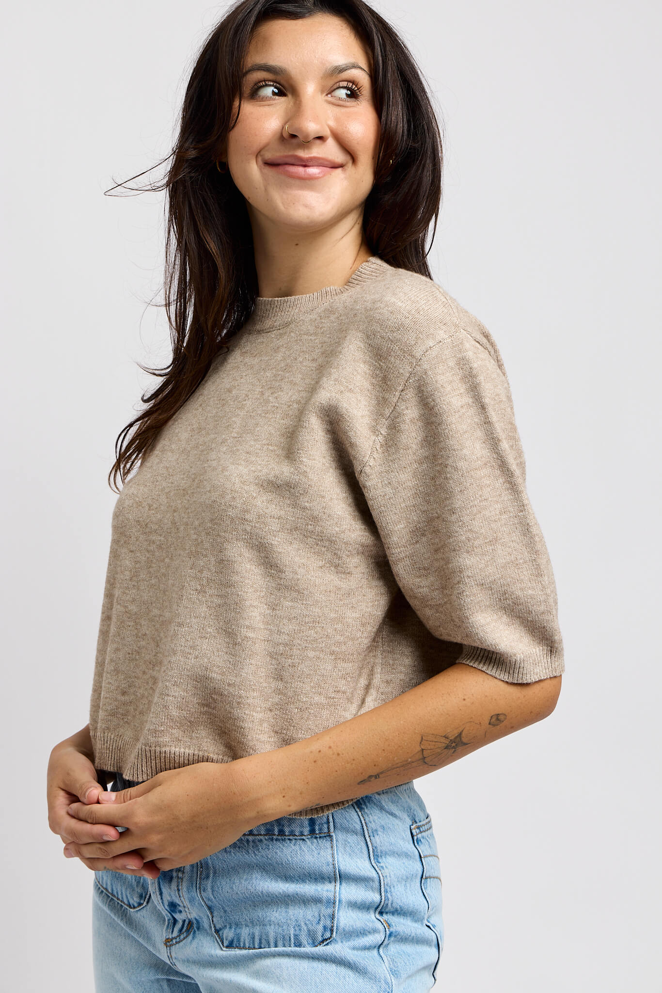 Womens brown half sleeve knitted sweater top