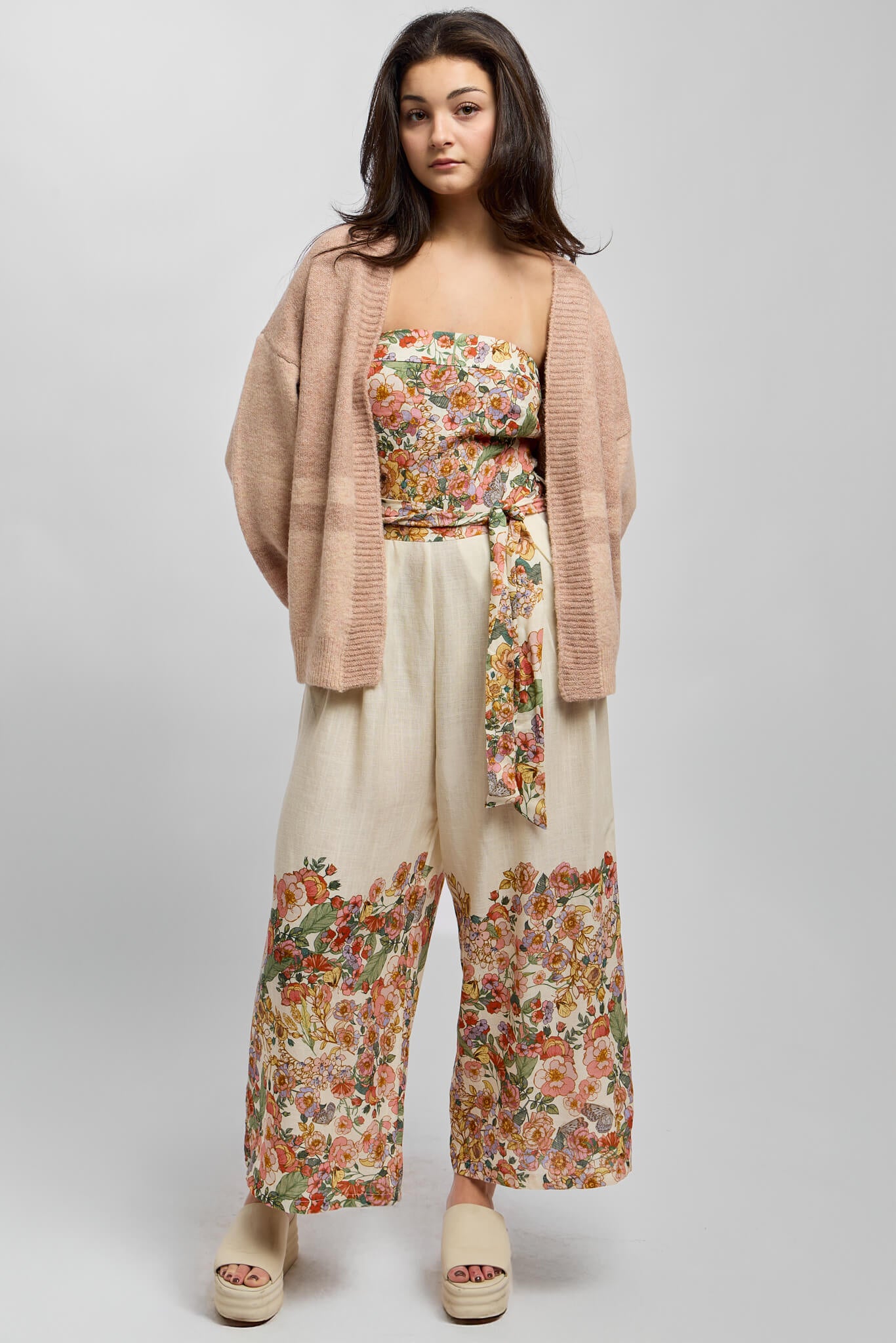 Womes floral print jumpsuit with floral waist tie