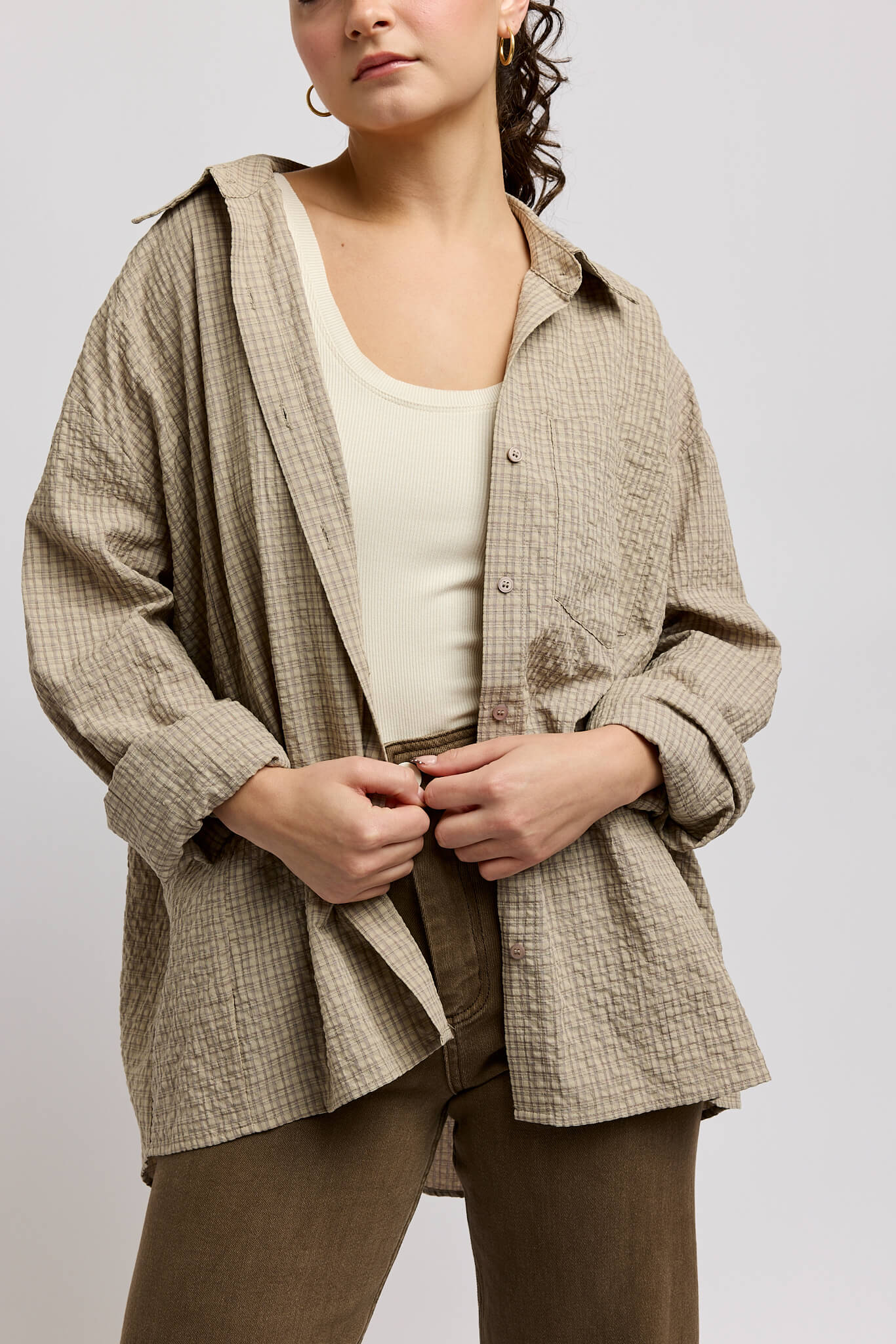 Womens crinkle brown plaid buttonup oversized shirt