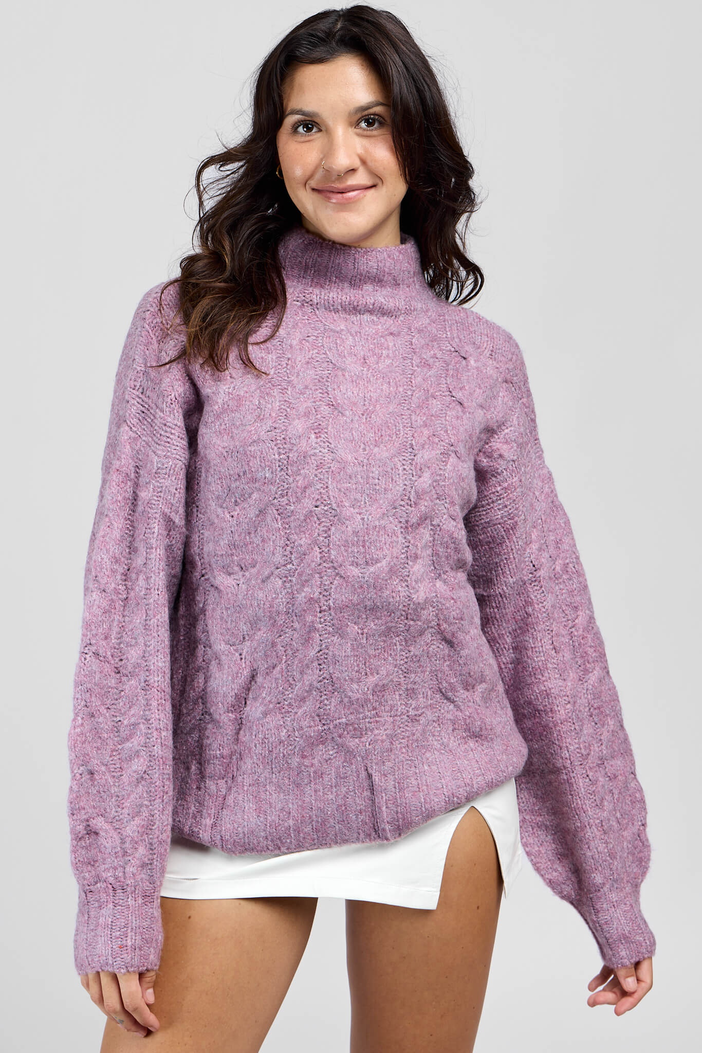 Womens cableknit lilac sweater with balloon sleeves