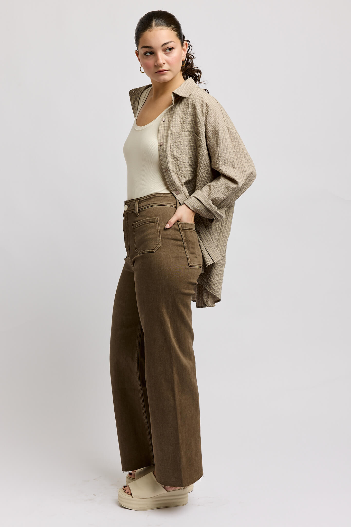 Womens collared shirt with cuffed sleeves and oversized relaxed fit