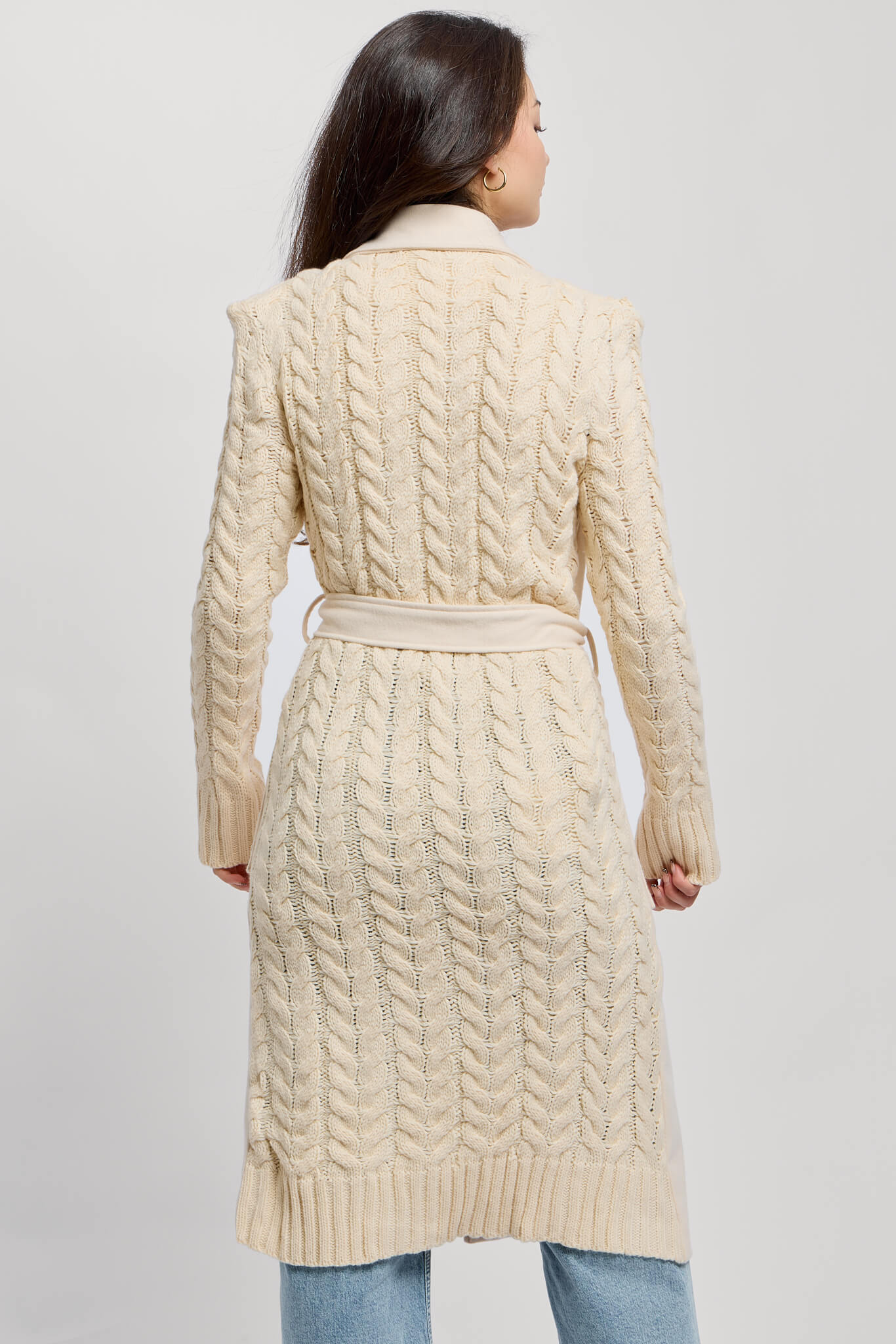 Womens cable knit back coat with waist tie