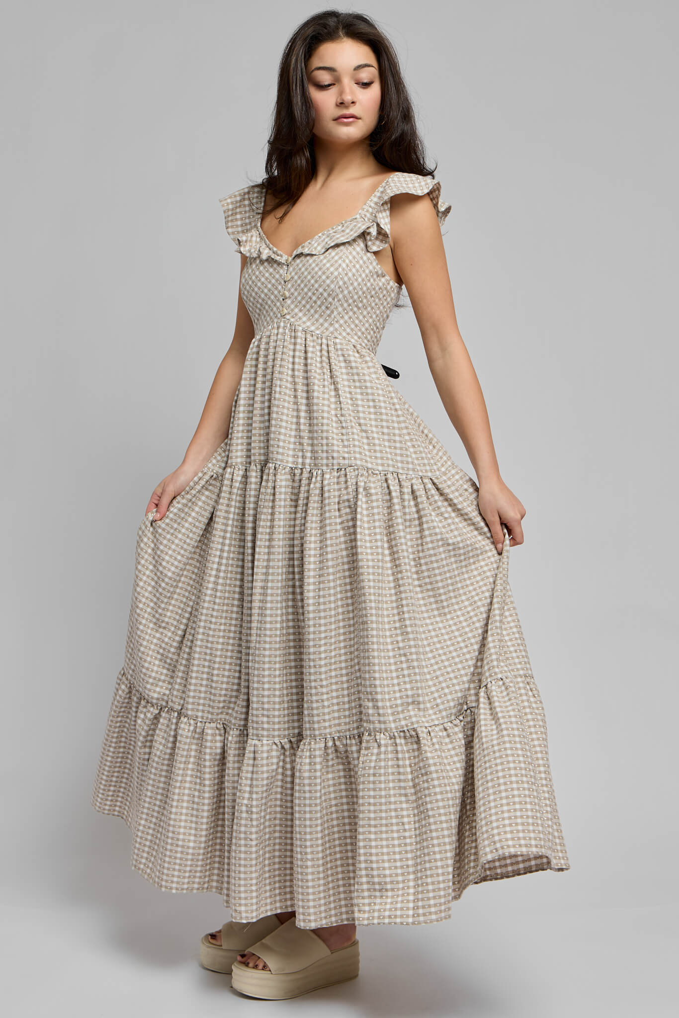 Womens tiered skirt maxi dress with frront button details and ruffle sweetheart neckline