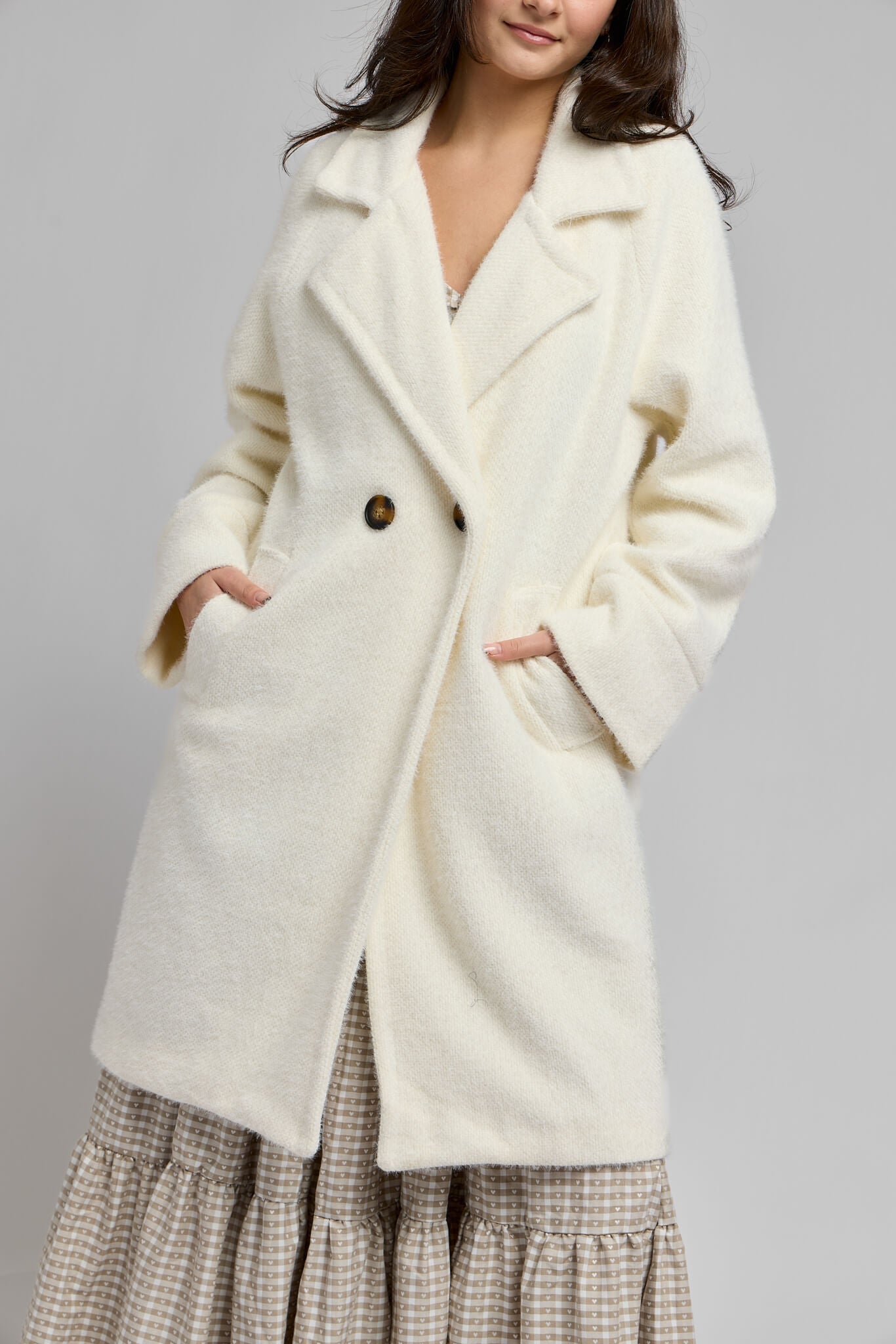 Womens ivory colored fuzzy trench coat