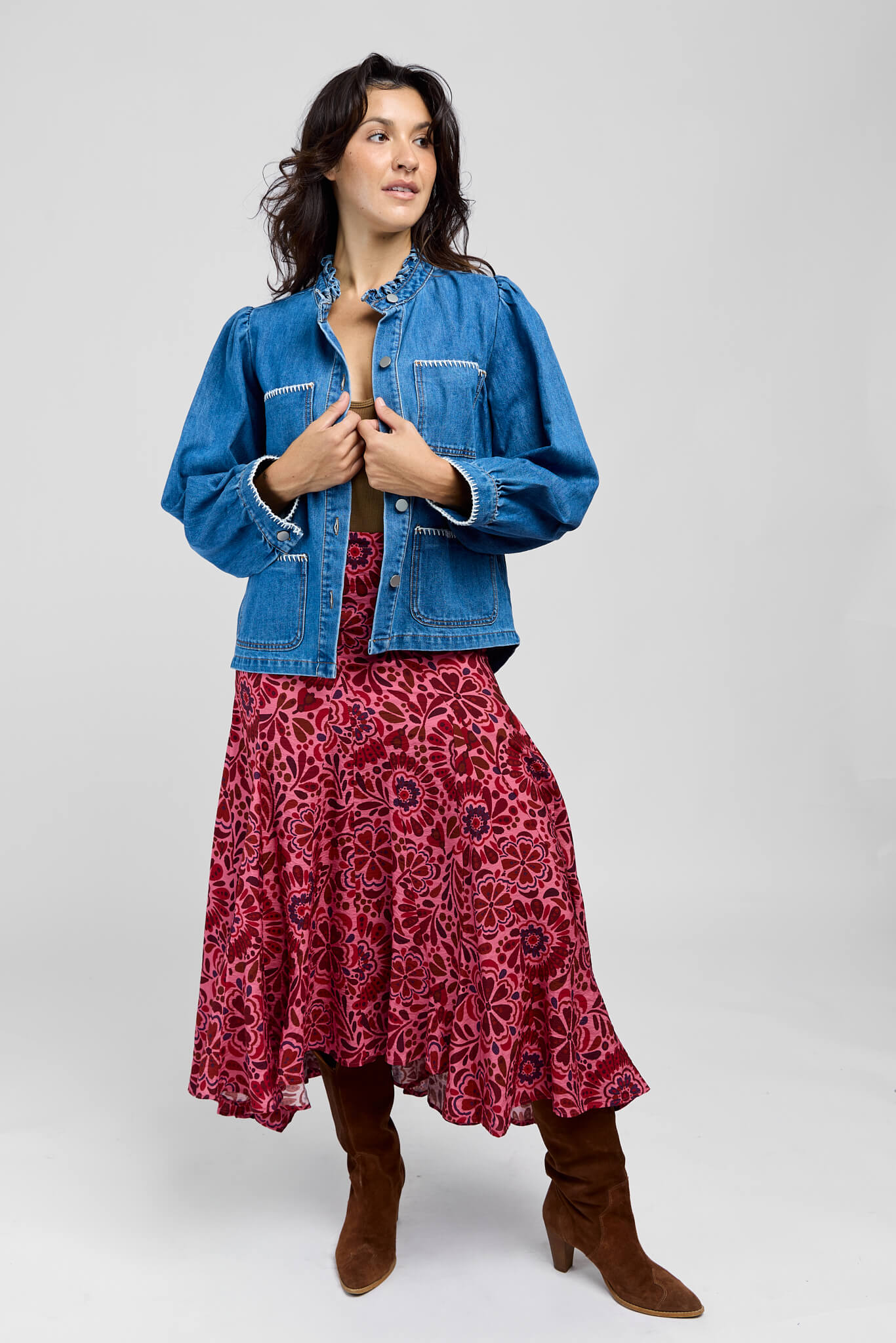 Womens high waist pink and red midi skirt