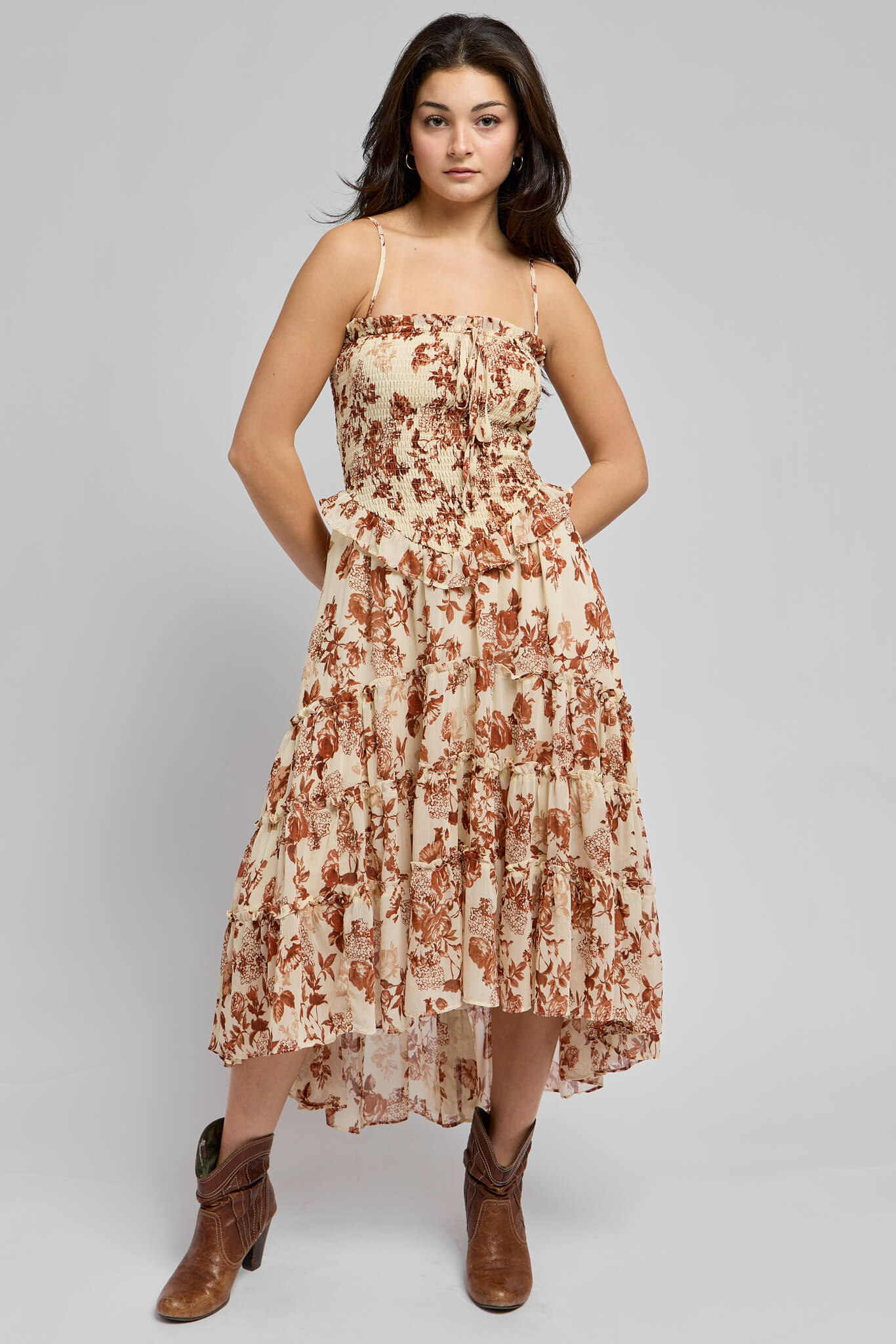 Womens smocked bodice printed dress with spaghetti straps