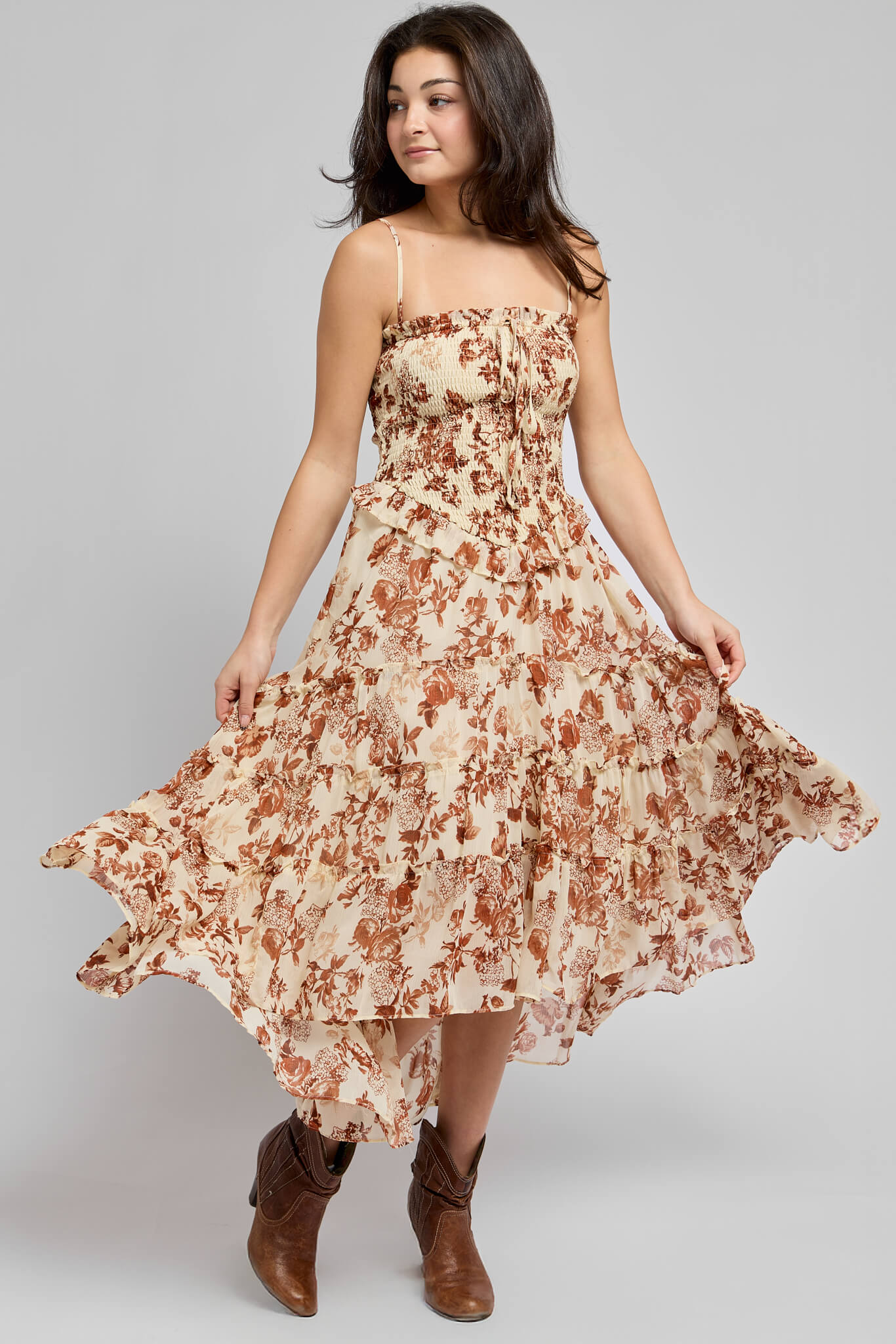 Womens flowy tiered dress with brown dried flower print all over
