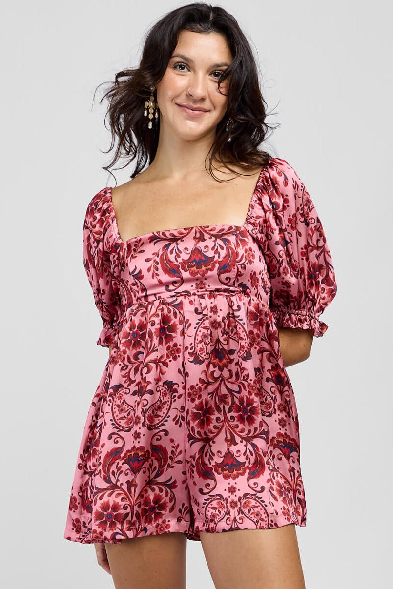 Womens pink and red paisley print romper with puff short sleeves