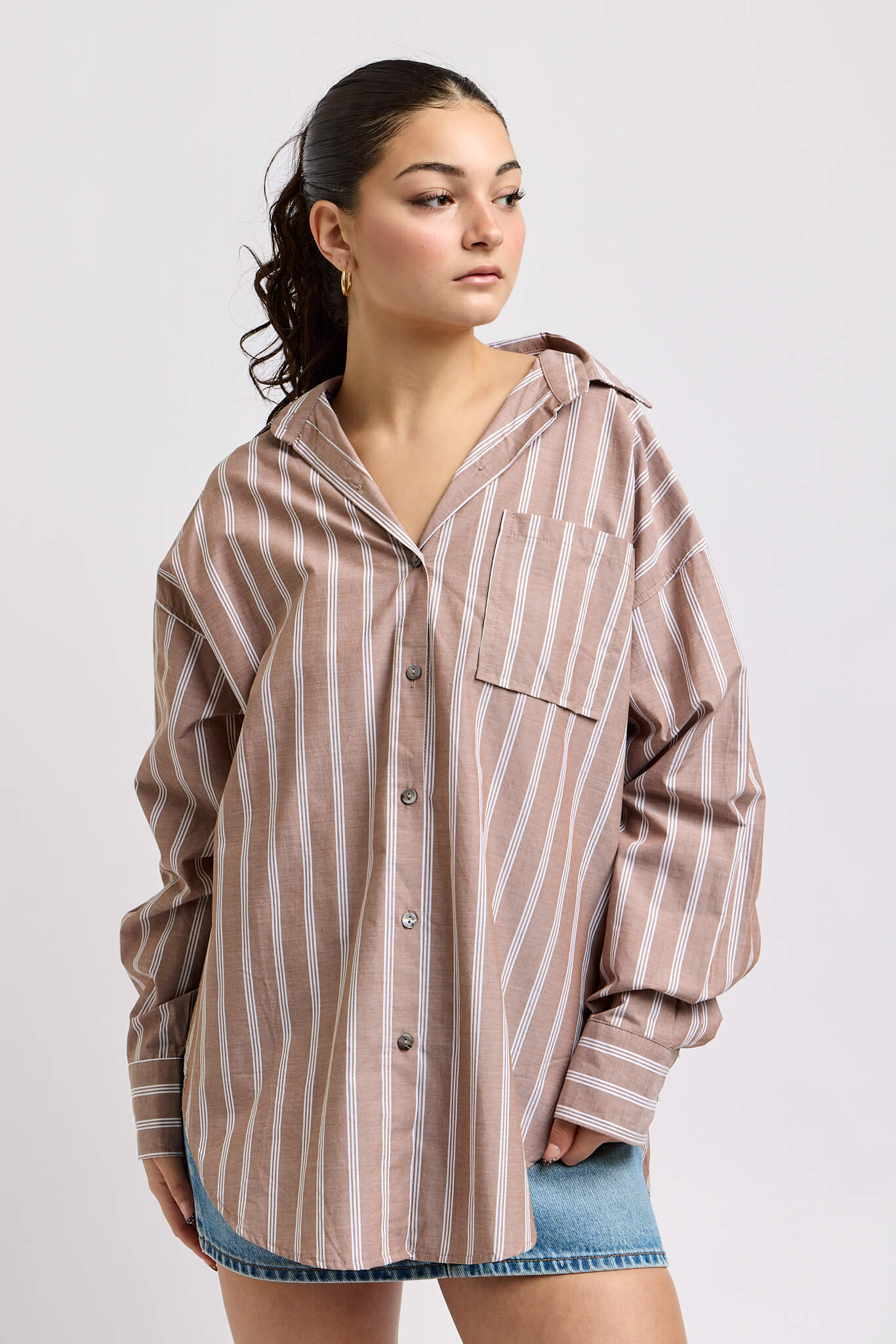 Womens mocha colored striped buttonup oversized shirt