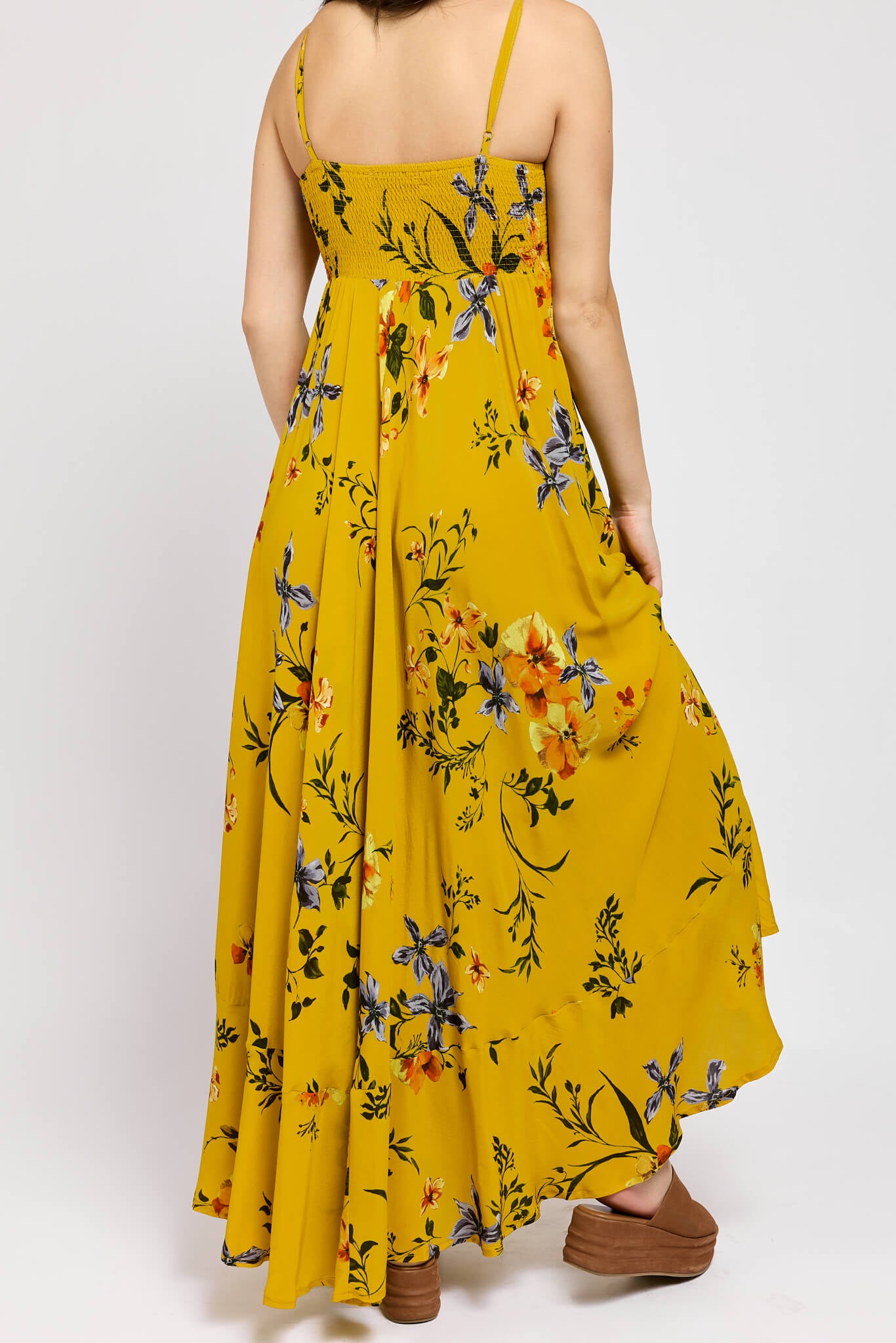 Womens long yellow dress with stretchy back