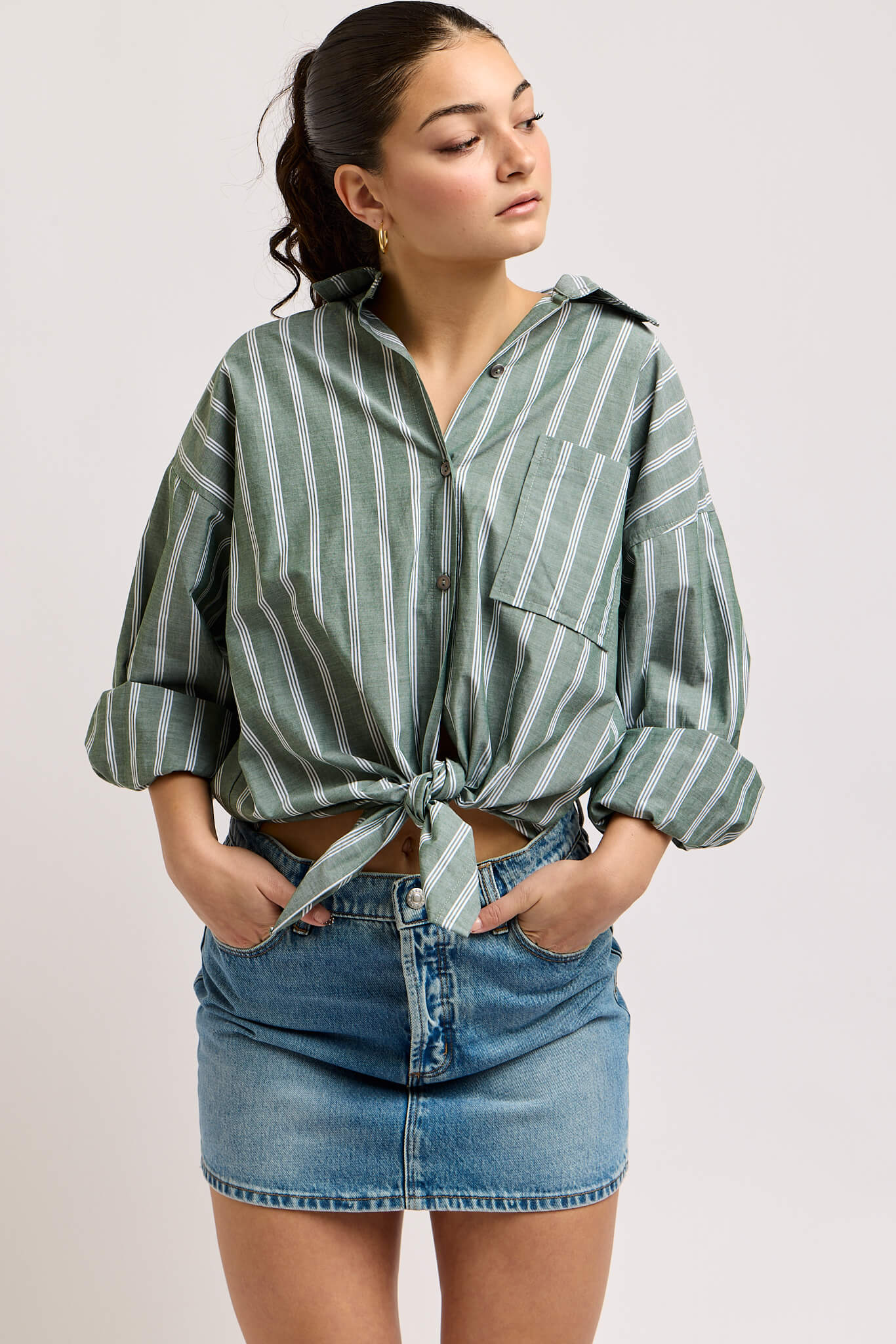Womens green striped cuffed long sleeve buttonup top