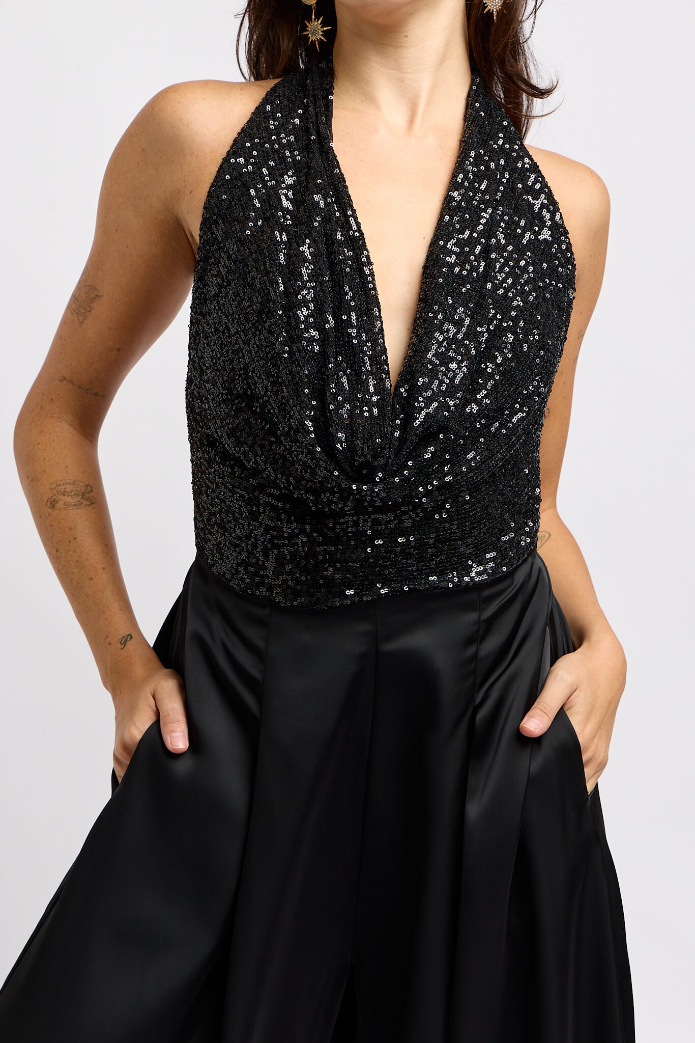 Womens black sequin deep cowl neck halter jumpsuit