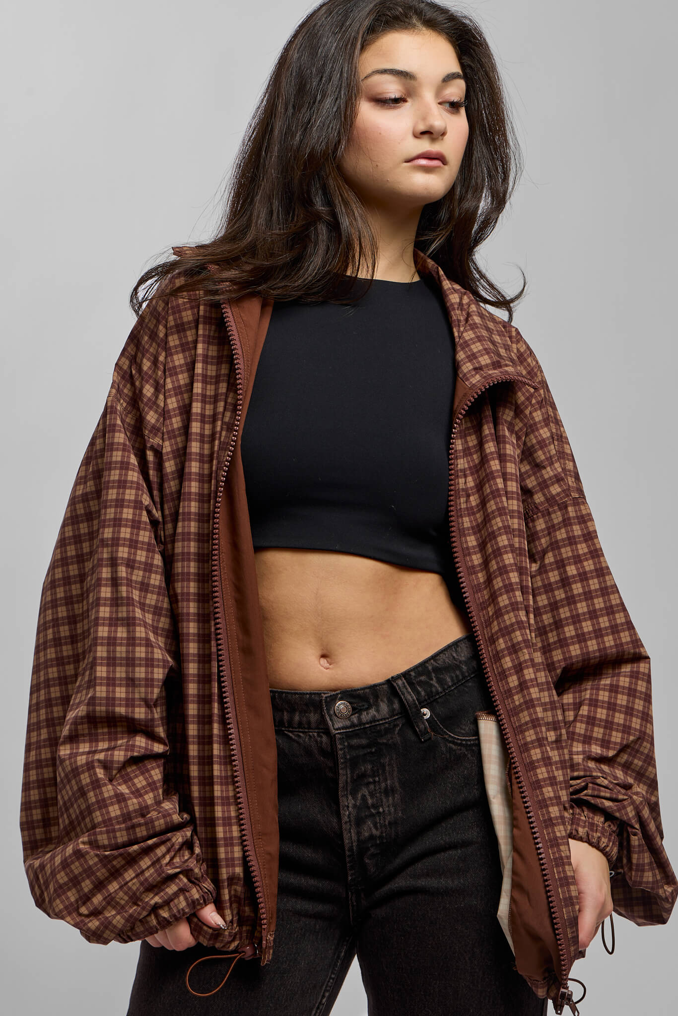 Womens brown plaid windbreaker jacket