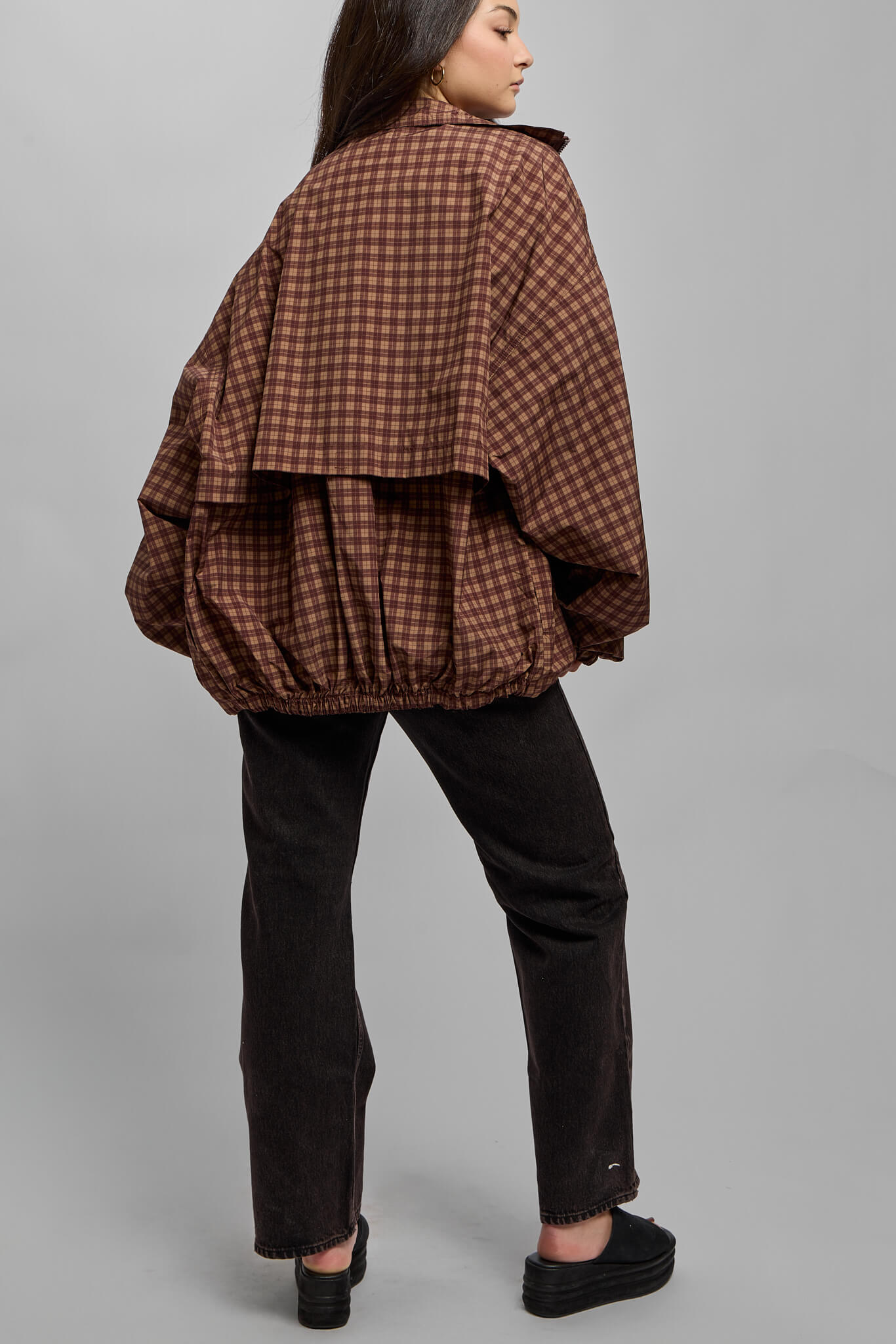 Womens brown checkered relaxed fit windbreaker